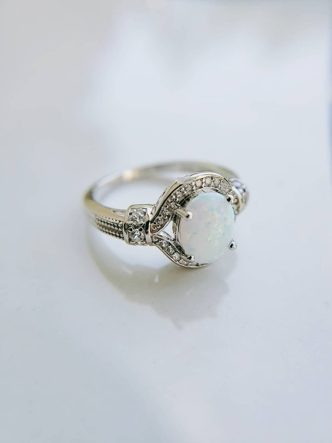 Halo Opal Ring Sterling Silver Women Ring