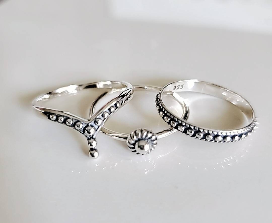Sterling Silver 3 Ring Set Beaded Chevron Band