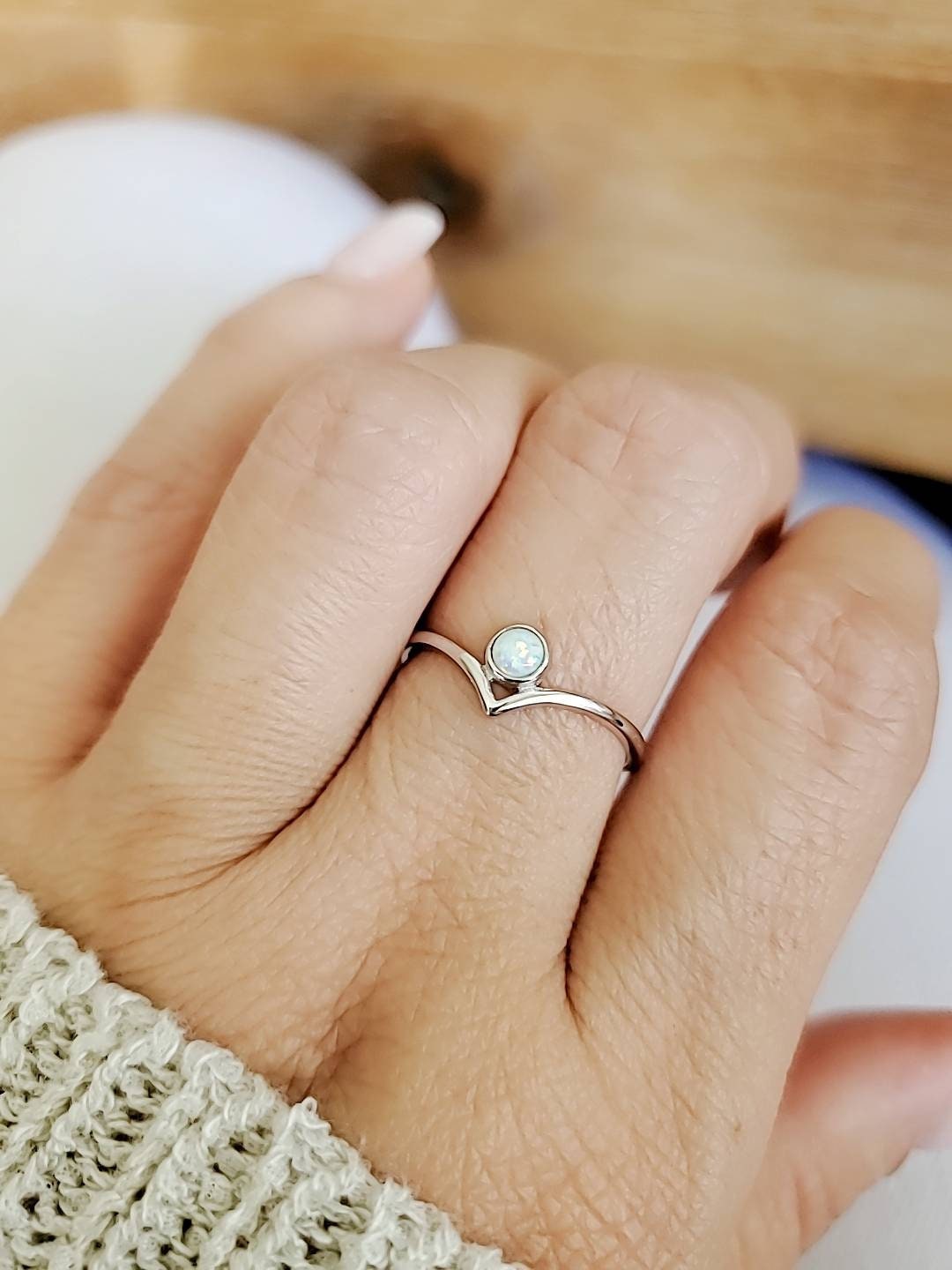 Sterling Silver Dainty White Opal Ring