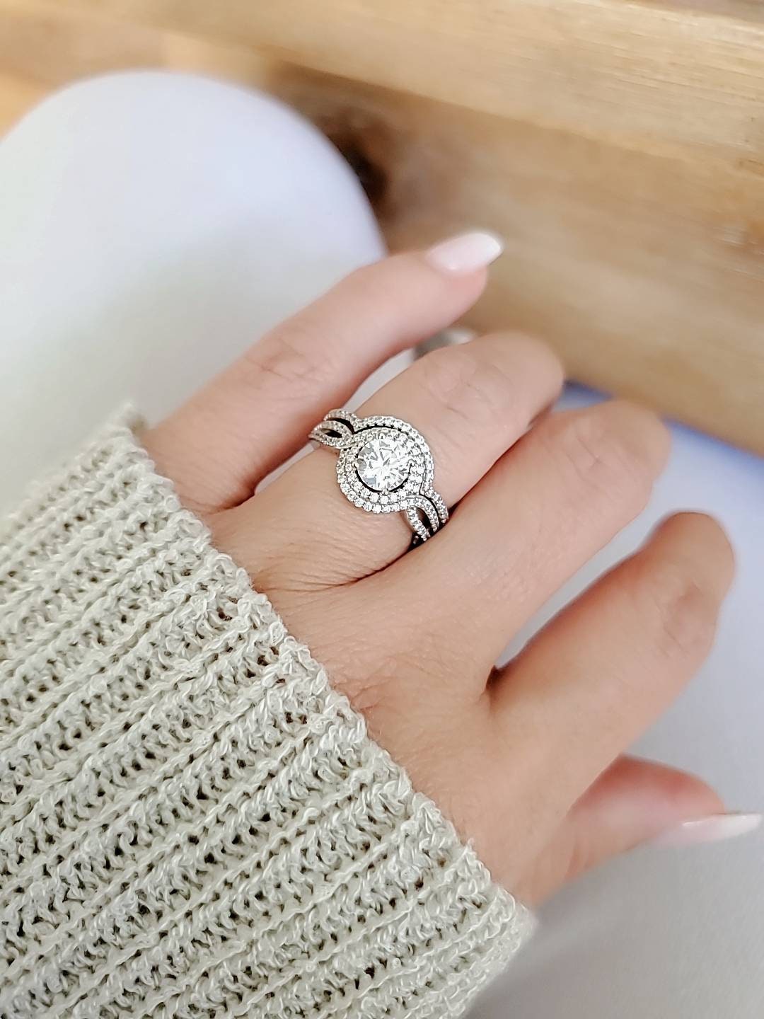 Halo Engagement Ring Sterling Silver Halo Ring