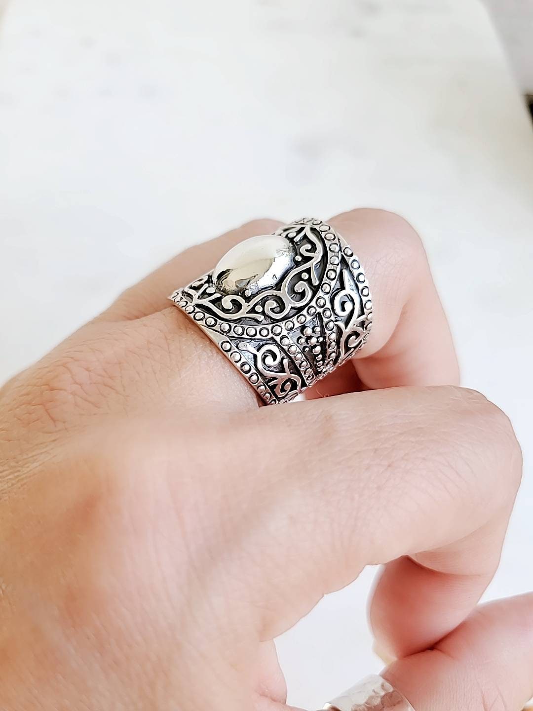 Sterling Silver Concave Ring, Bohemian Women Ring, 925 Stamped, Wide Band, Tribal Ring, Large Silver Ring, Chunky Ring