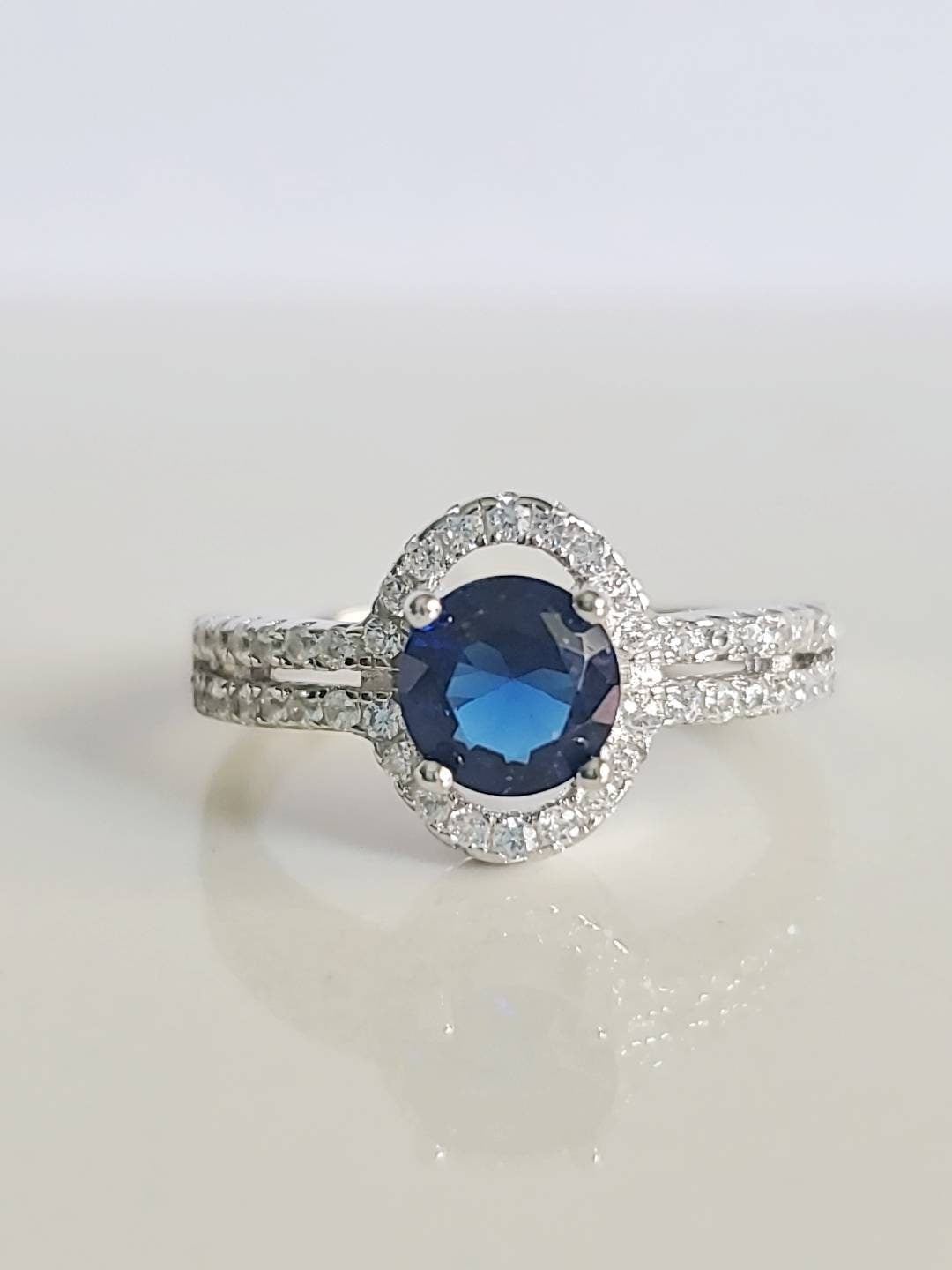 Sterling Silver Halo Sapphire Ring, Promise Ring, Engagement Ring, Gift for her, Anniversary Gift, 925 Stamped