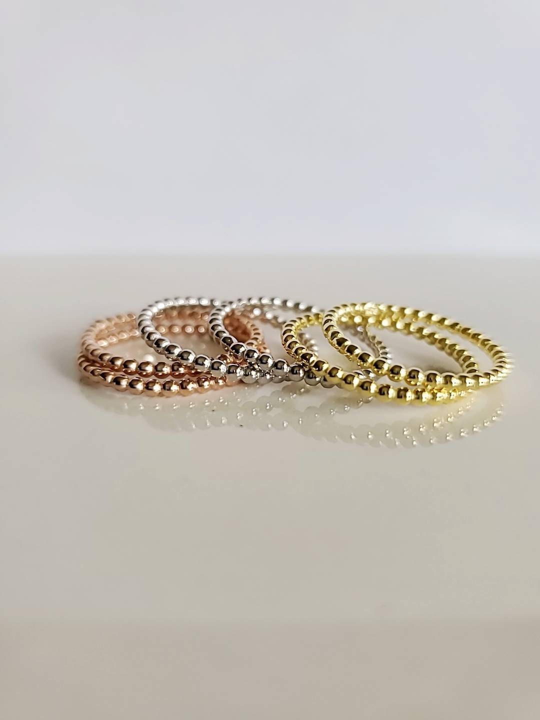 Dainty Beaded Gold, Rose Gold Silver Ring