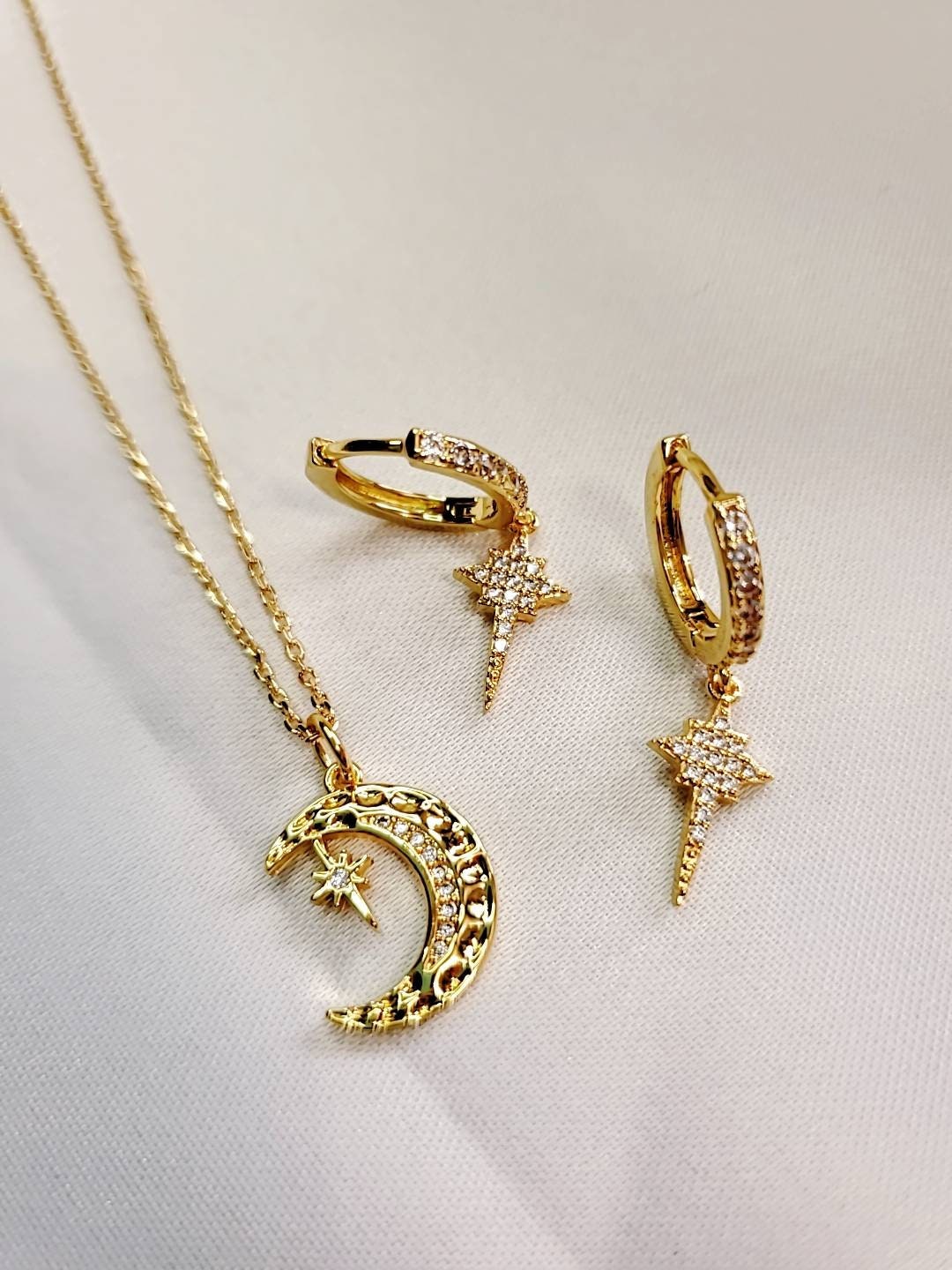 Gold Starburst & Moon Pendant Starburst Crescent Moon Necklace