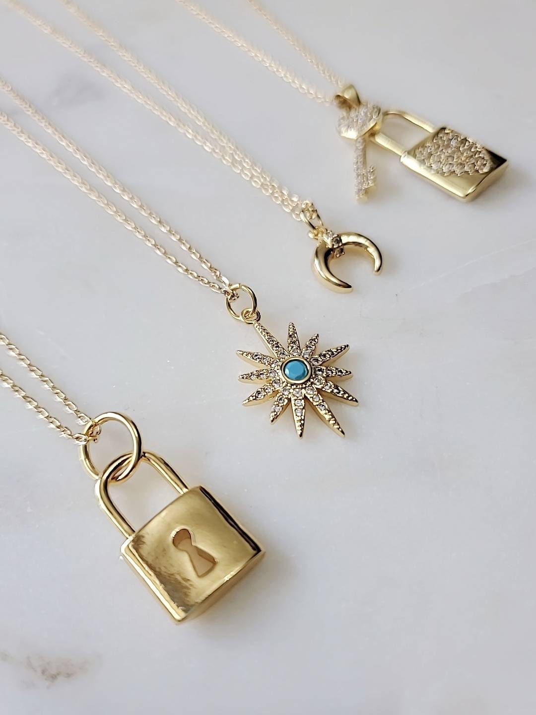 Gold Filled Padlock Necklace Moon Pendant