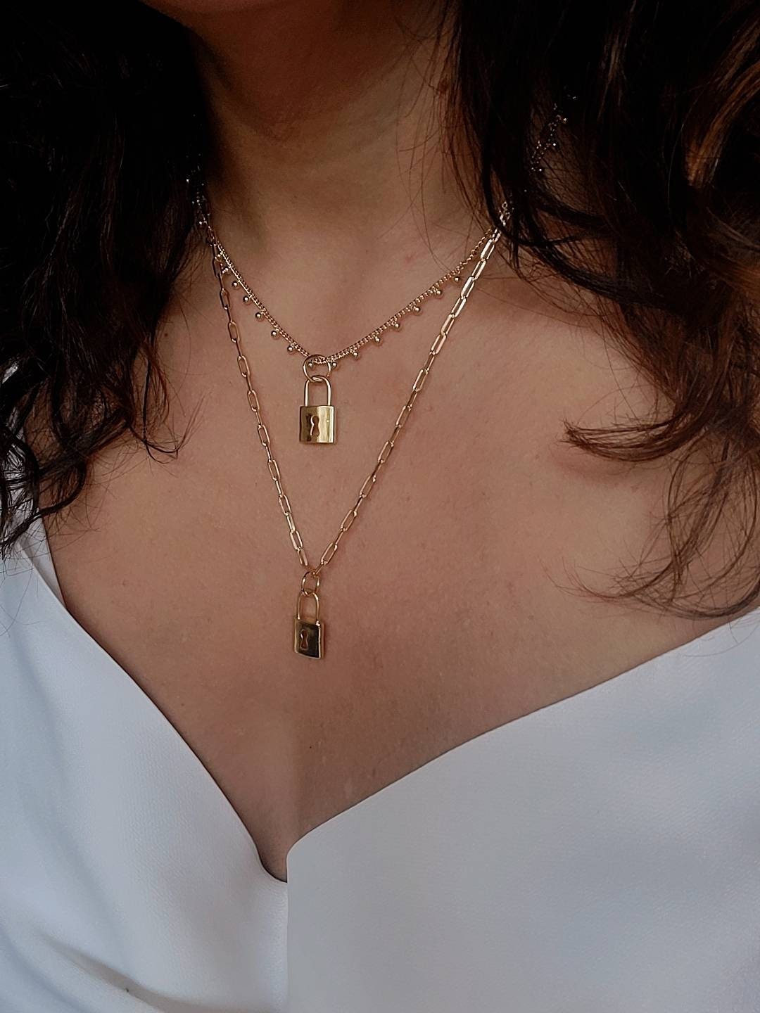 Layered Necklace, Padlock Pendant, Lock Necklace