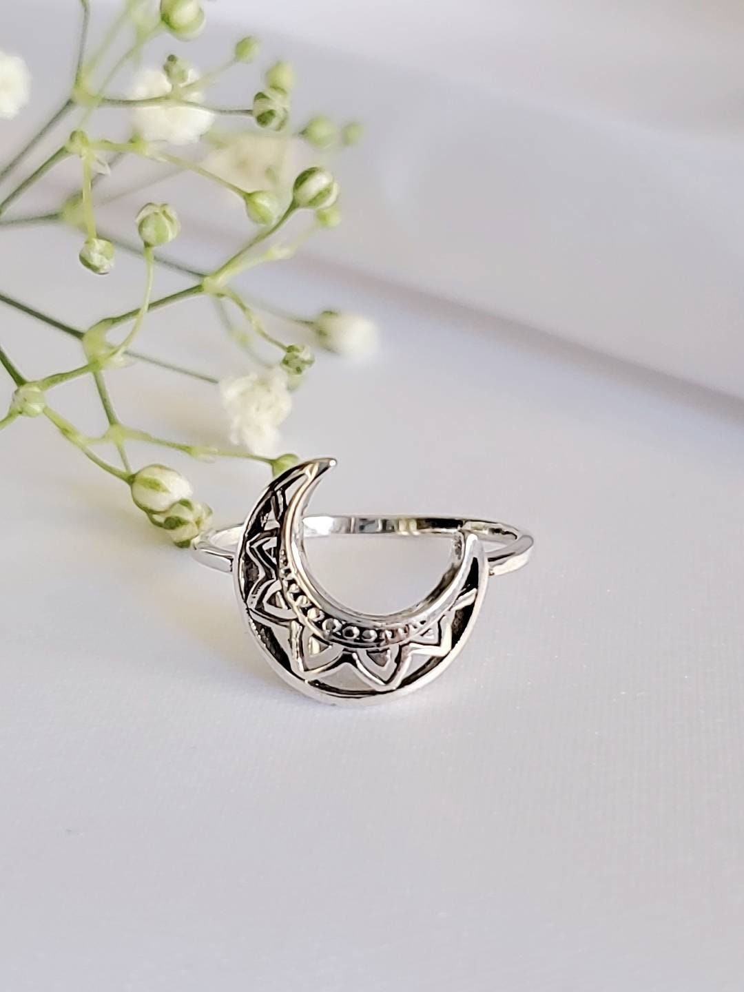 Crescent Moon Mandala Moon Ring
