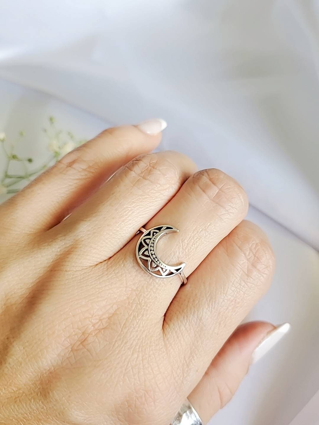 Crescent Moon Mandala Moon Ring