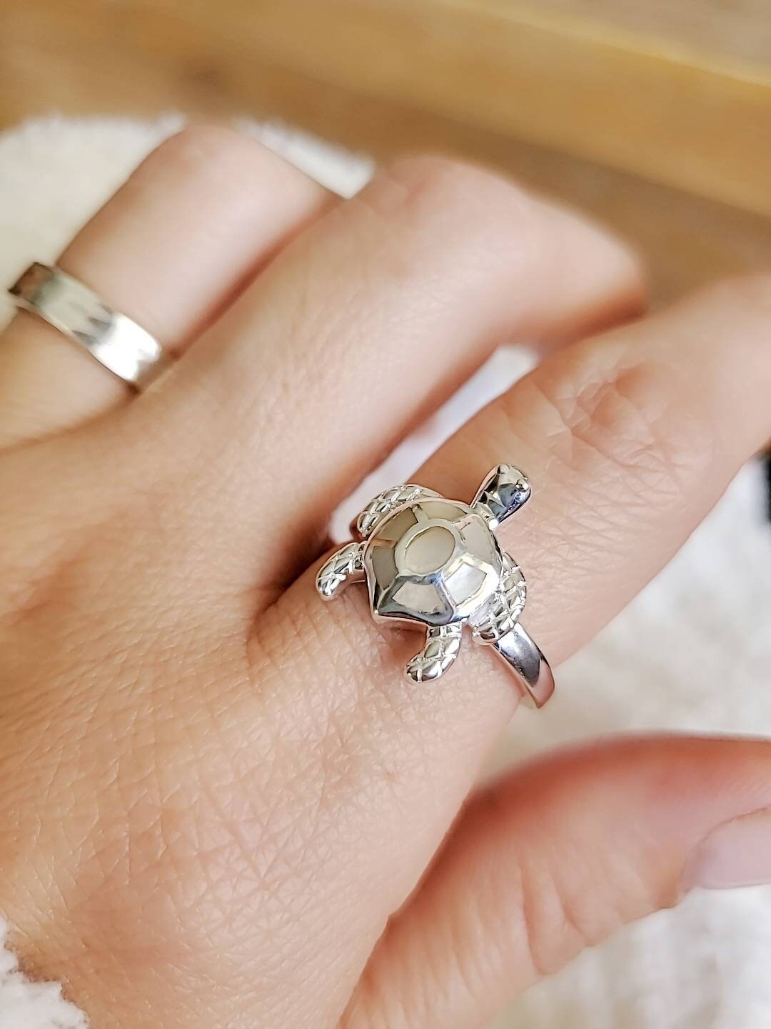 Unique Mother of Pearl Sea Turtle Sterling Silver Ring – 925 Stamped, High Polish, Inlay Design, Nautical Inspired