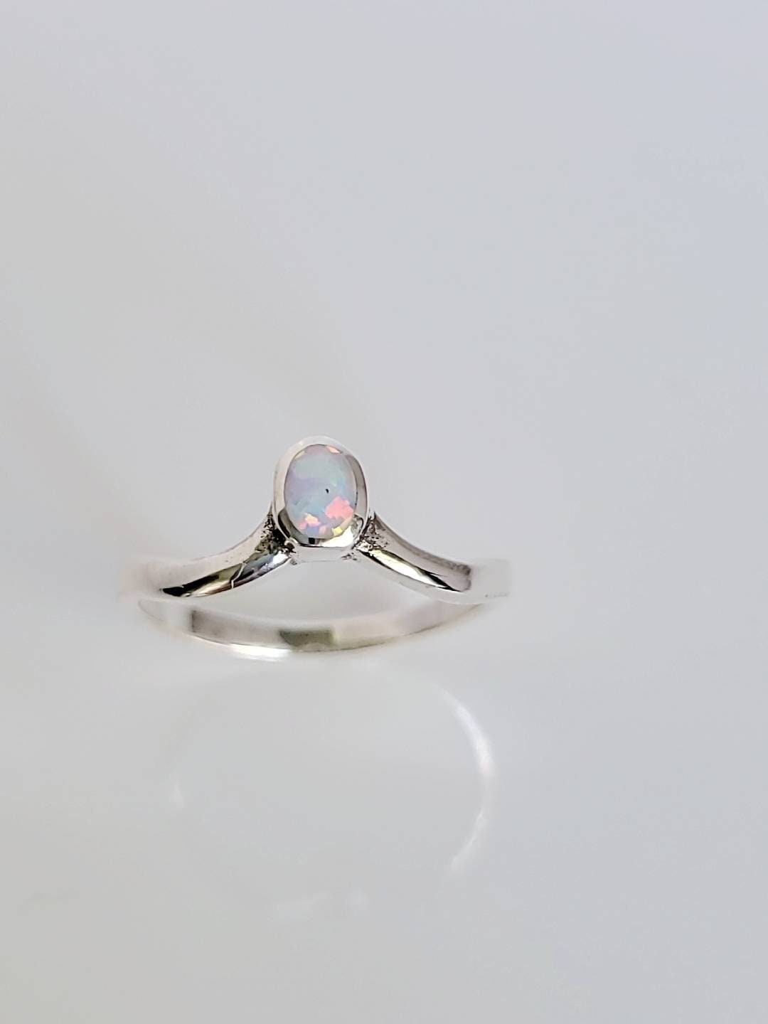 White Lab Opal Sterling Silver Chevron Ring