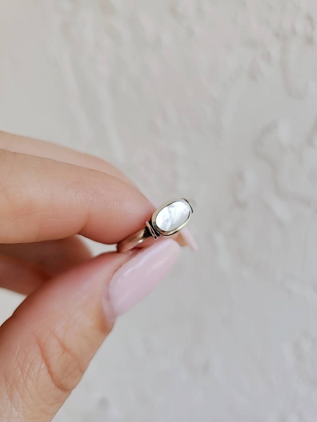 Elegant Mother of Pearl Sterling Silver Ring – Oval 8x6mm Stone, High Polish with Slight Oxidize, Timeless Classic Design