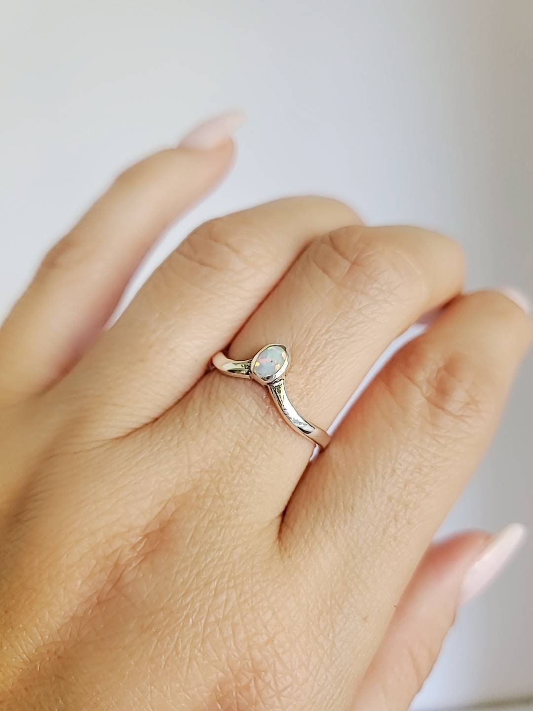 White Lab Opal Sterling Silver Chevron Ring