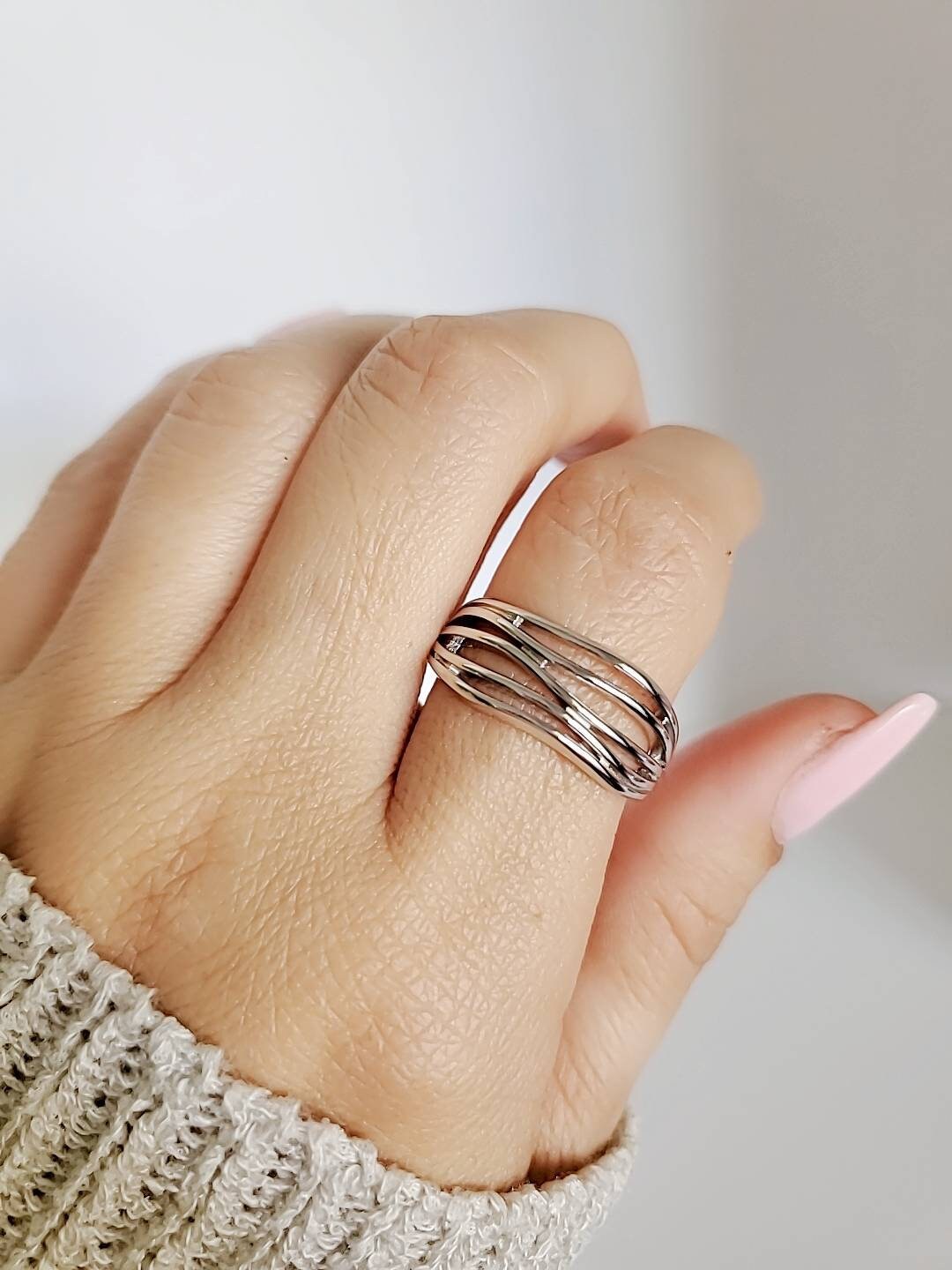 Sterling Silver Wavy Ring, Women's Band, 925 Stamped, Thumb Ring, Bohemian Boho Jewelry, Non Tarnish Ring, Gift for women