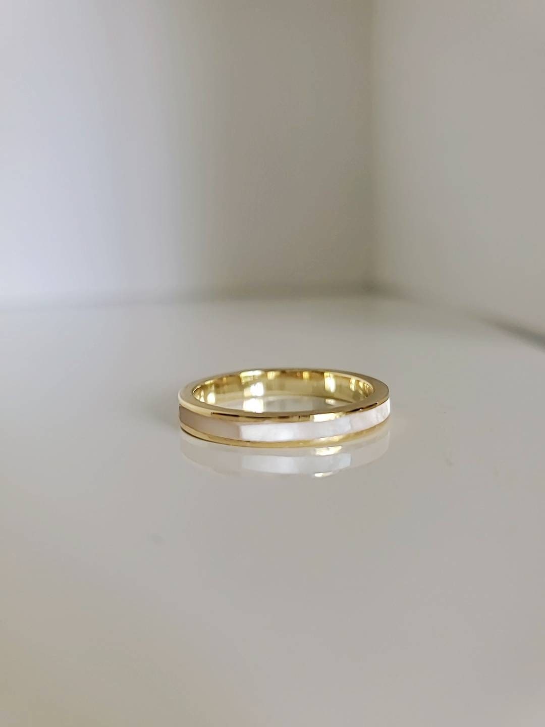 Gold Mother of Pearl Band Ring – 18K Gold Plated Over 925 Sterling Silver, High Polish Finish, Elegant Women’s Ring