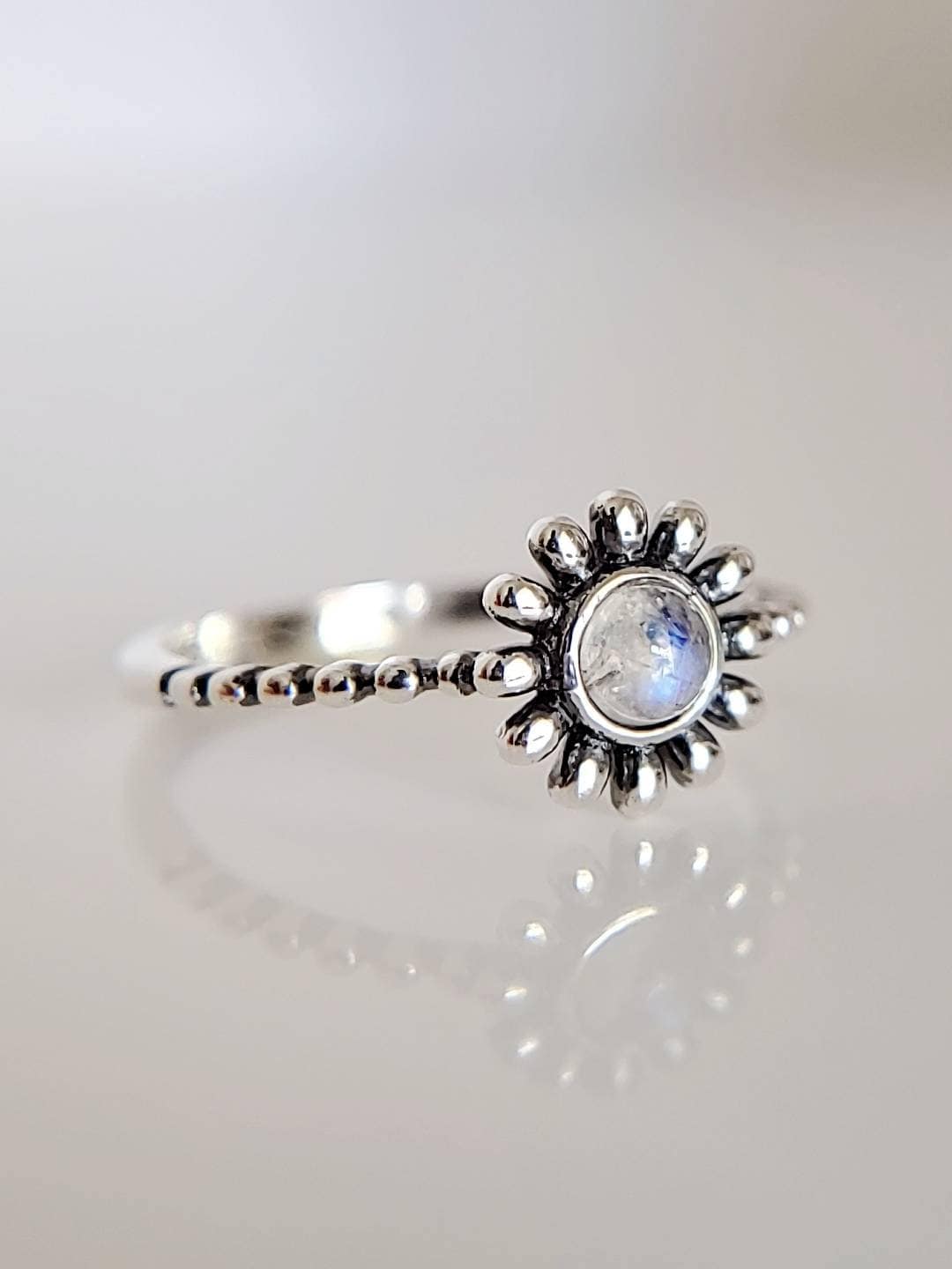 Sterling Silver Moonstone Flower Ring, Women's Ring, Rainbow Moonstone, Stack Ring, Bohemian, Minimalist Ring, 925 Stamped, Dainty Ring