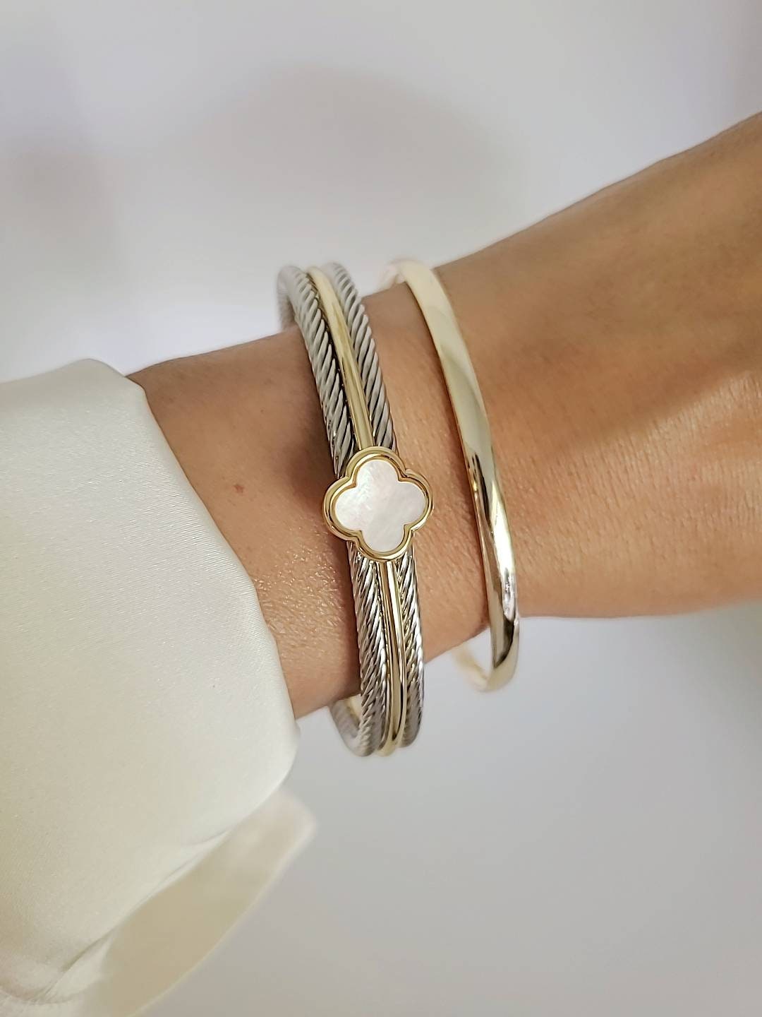 Mother of Pearl Clover Bangle Bracelet