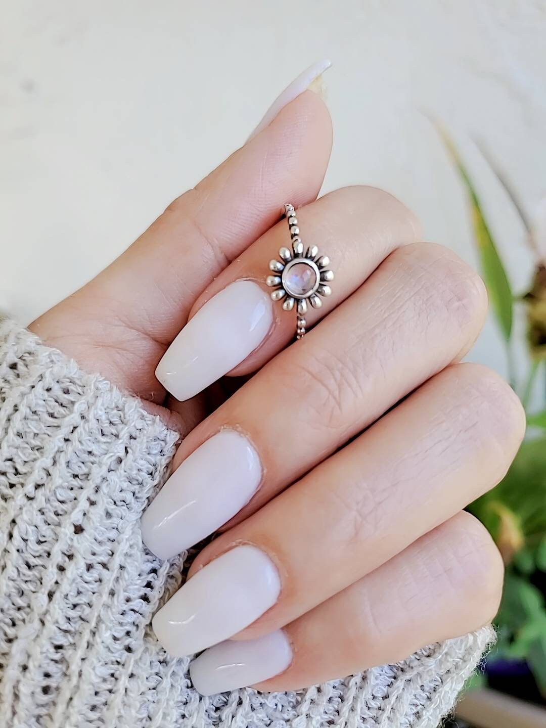 Sterling Silver Moonstone Flower Ring, Women's Ring, Rainbow Moonstone, Stack Ring, Bohemian, Minimalist Ring, 925 Stamped, Dainty Ring