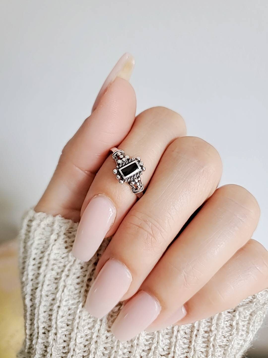 Sterling Silver Onyx Ring, Women's Ring, Bali Onyx Ring, Minimalist Ring, Genuine Onyx, 925 Stamped, Black Stone Ring, Gift ideas for women