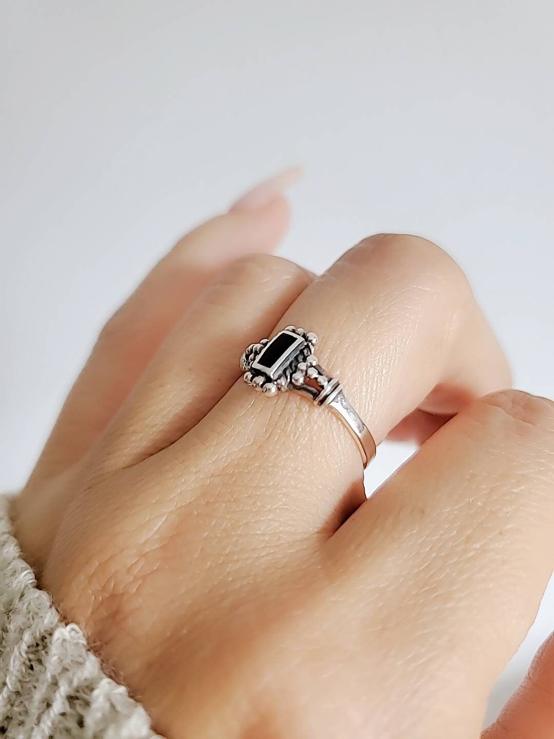 Sterling Silver Onyx Ring, Women's Ring, Bali Onyx Ring, Minimalist Ring, Genuine Onyx, 925 Stamped, Black Stone Ring, Gift ideas for women