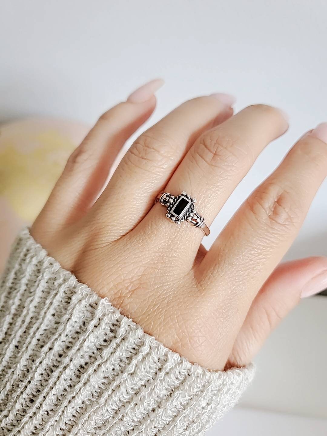 Sterling Silver Onyx Ring, Women's Ring, Bali Onyx Ring, Minimalist Ring, Genuine Onyx, 925 Stamped, Black Stone Ring, Gift ideas for women