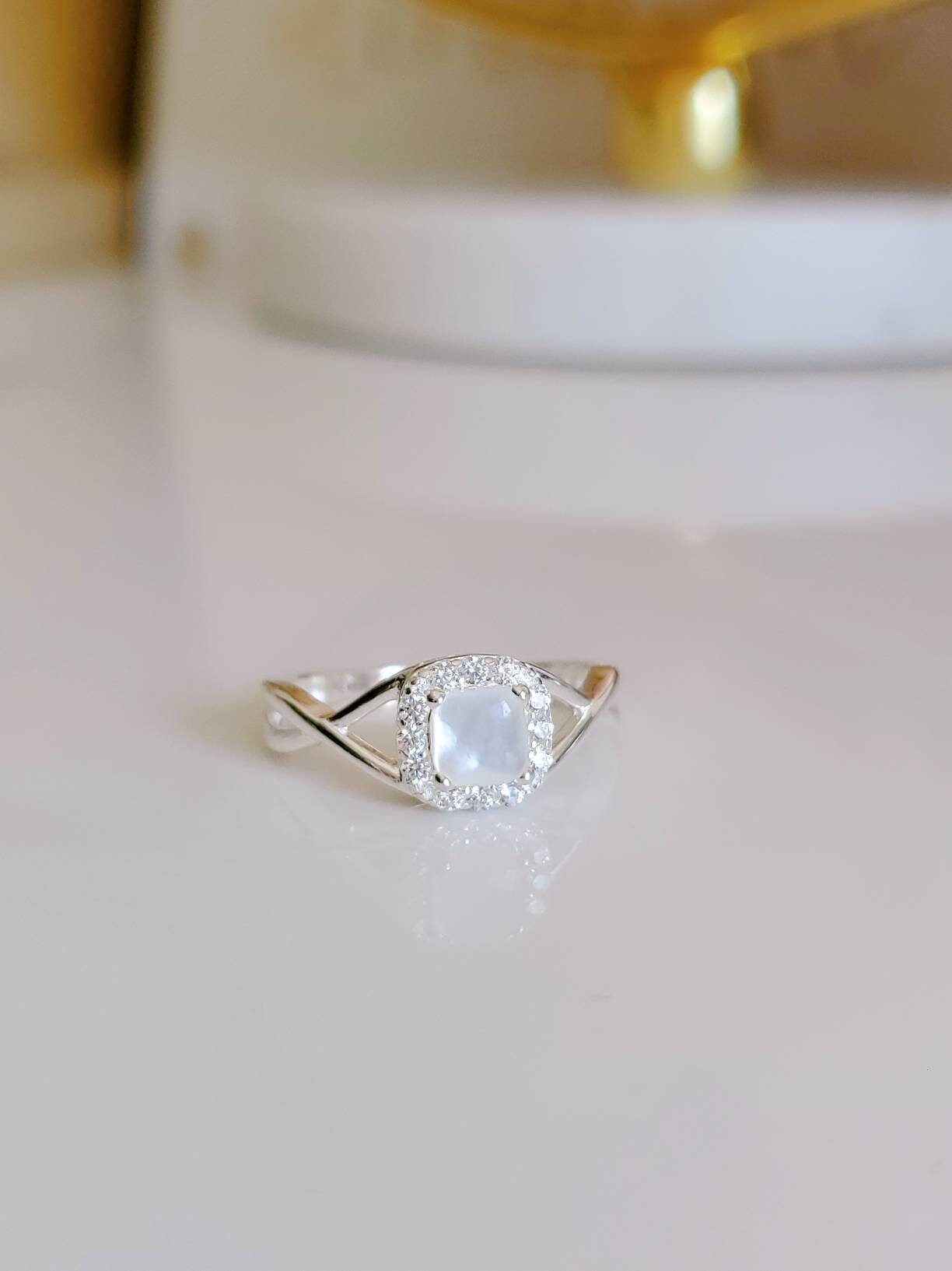 Sterling Silver Mother of Pearl Halo Ring, Women's Statement Ring, Engagement Ring, Promise Ring, Wedding Ring, 925 Stamped