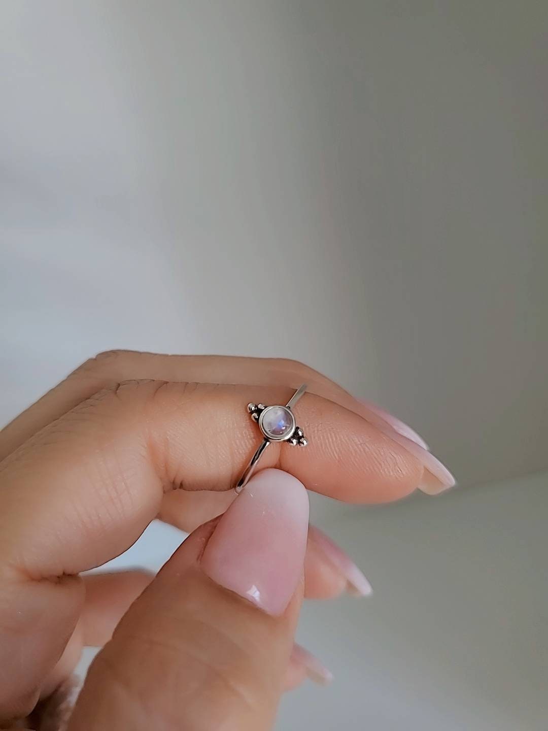 Sterling Silver Daintt Moonstone Ring, Women's Ring, Rainbow Moonstone, Stack Ring, Tiny Ring, Bohemian, Minimalist Girls Ring, 925 Stamped