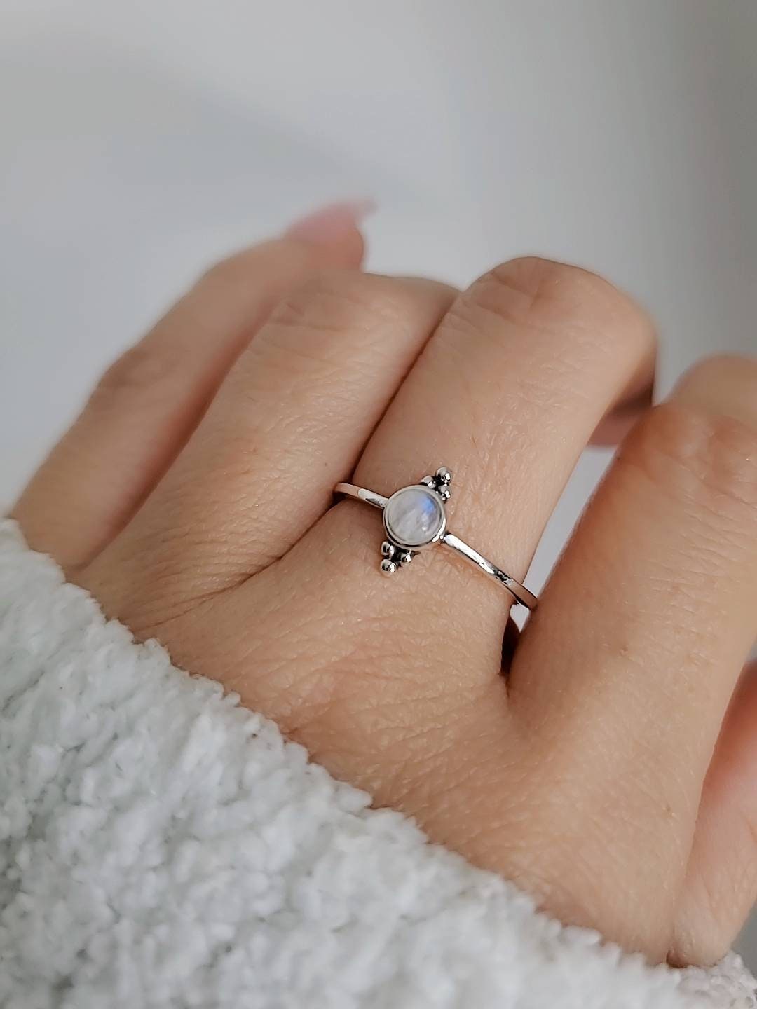 Sterling Silver Daintt Moonstone Ring, Women's Ring, Rainbow Moonstone, Stack Ring, Tiny Ring, Bohemian, Minimalist Girls Ring, 925 Stamped