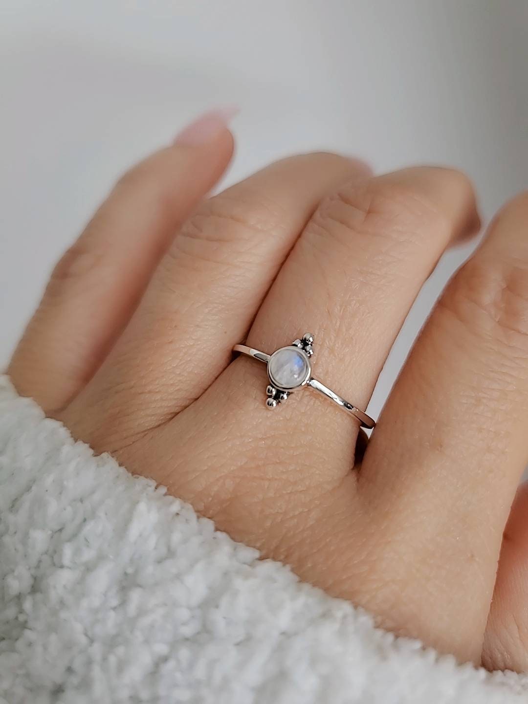 Sterling Silver Daintt Moonstone Ring, Women's Ring, Rainbow Moonstone, Stack Ring, Tiny Ring, Bohemian, Minimalist Girls Ring, 925 Stamped