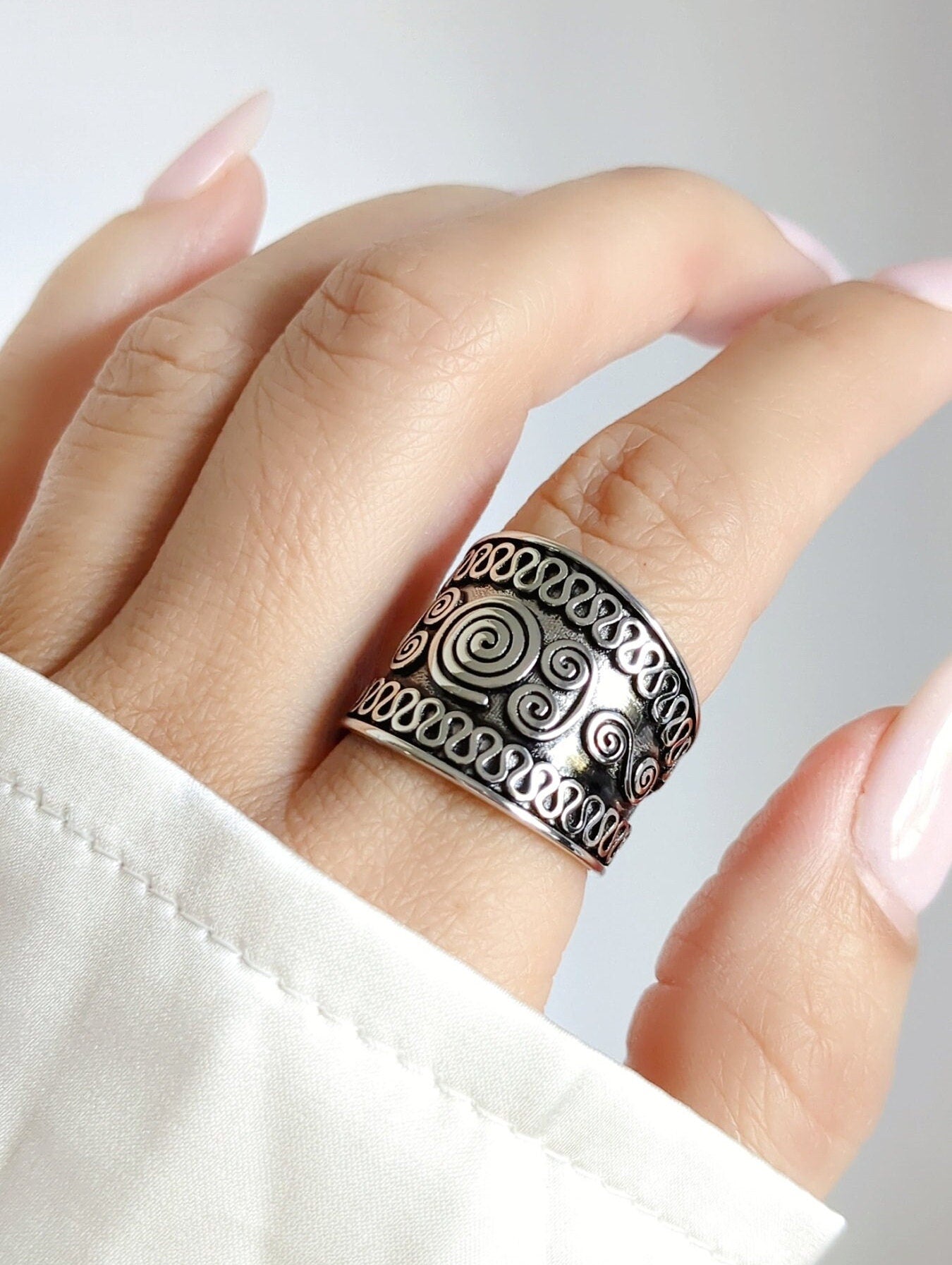 Sterling Silver Chunky Ring, Oxidized Women Silver Ring, Concave Ring, 925 Stamped, Boho Thick Wide Band