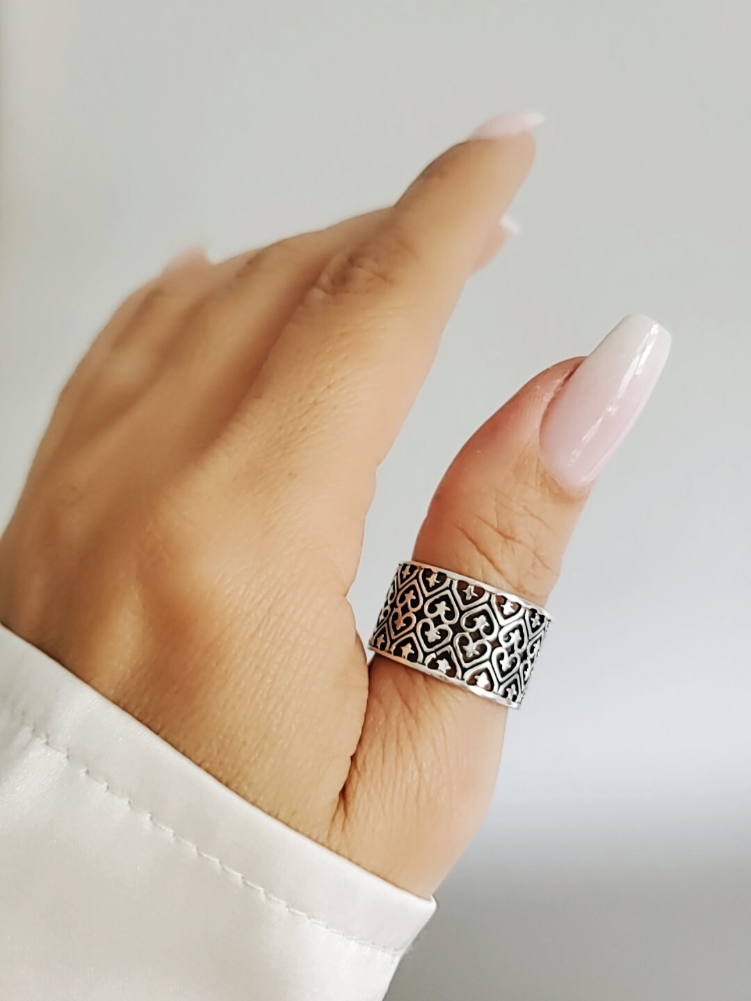 Wide Sterling Silver Ring, Women Band, Statement Chunky Band, Heart Ring, Thumb Wide Band, 925 Sterling Silver Ring, Sizes 5-14