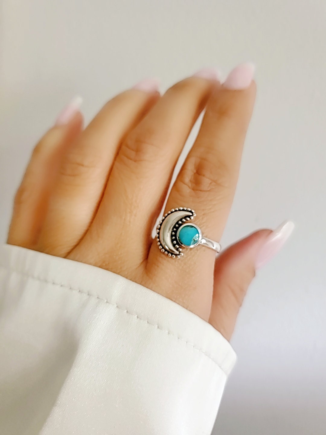 Sterling Silver Crescent Turquoise Moon Mandala Moon Ring