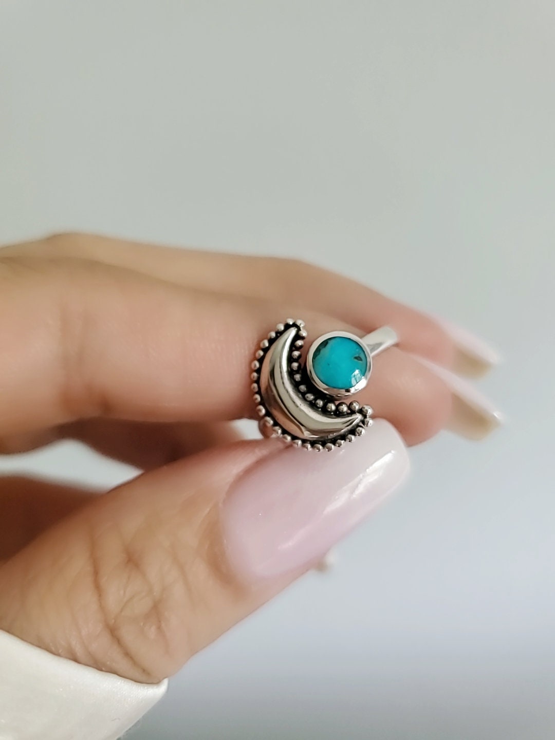 Sterling Silver Crescent Turquoise Moon Mandala Moon Ring