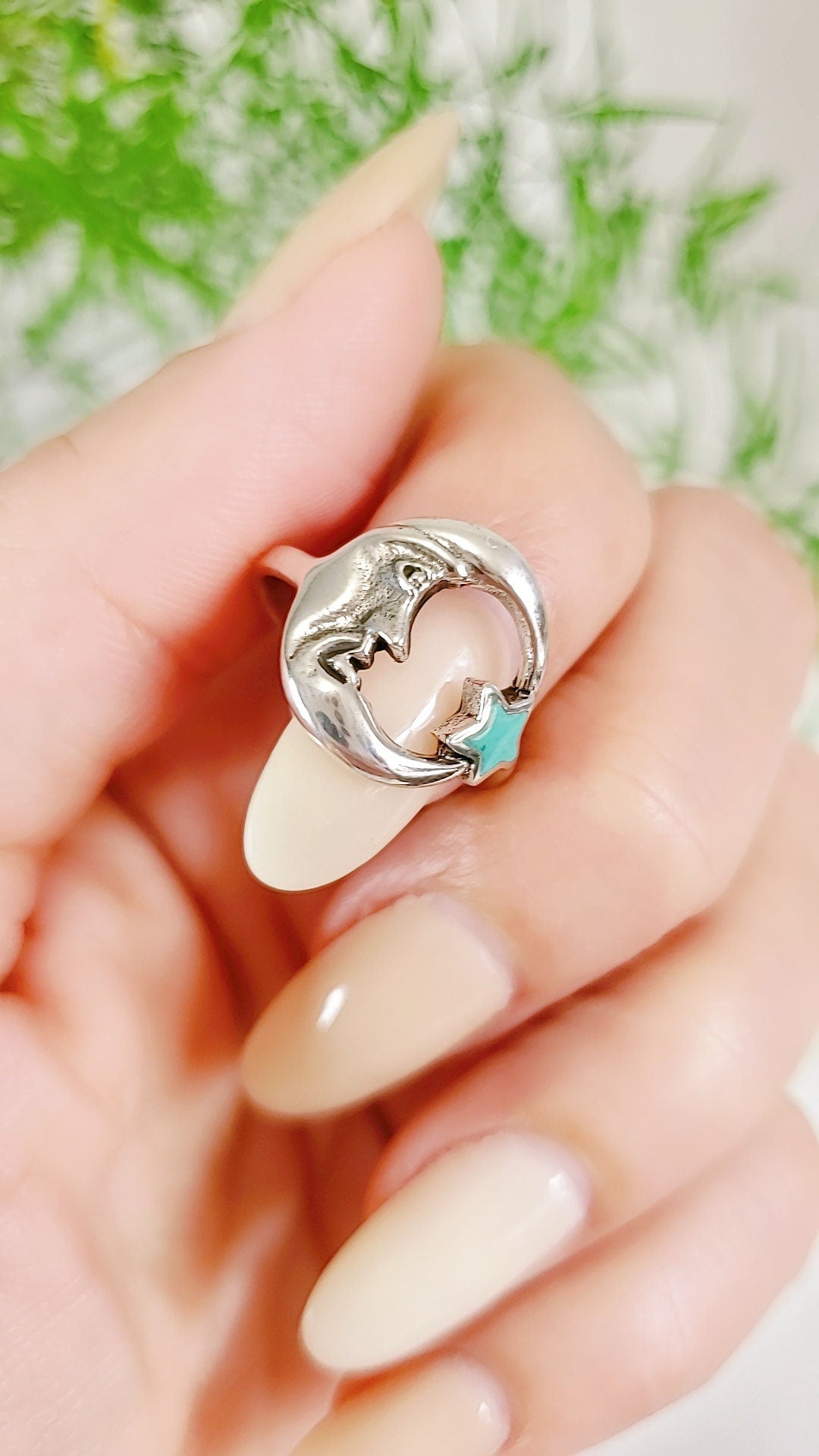 Sterling Silver Crescent Moon Star Turquoise Ring Moon face and Star