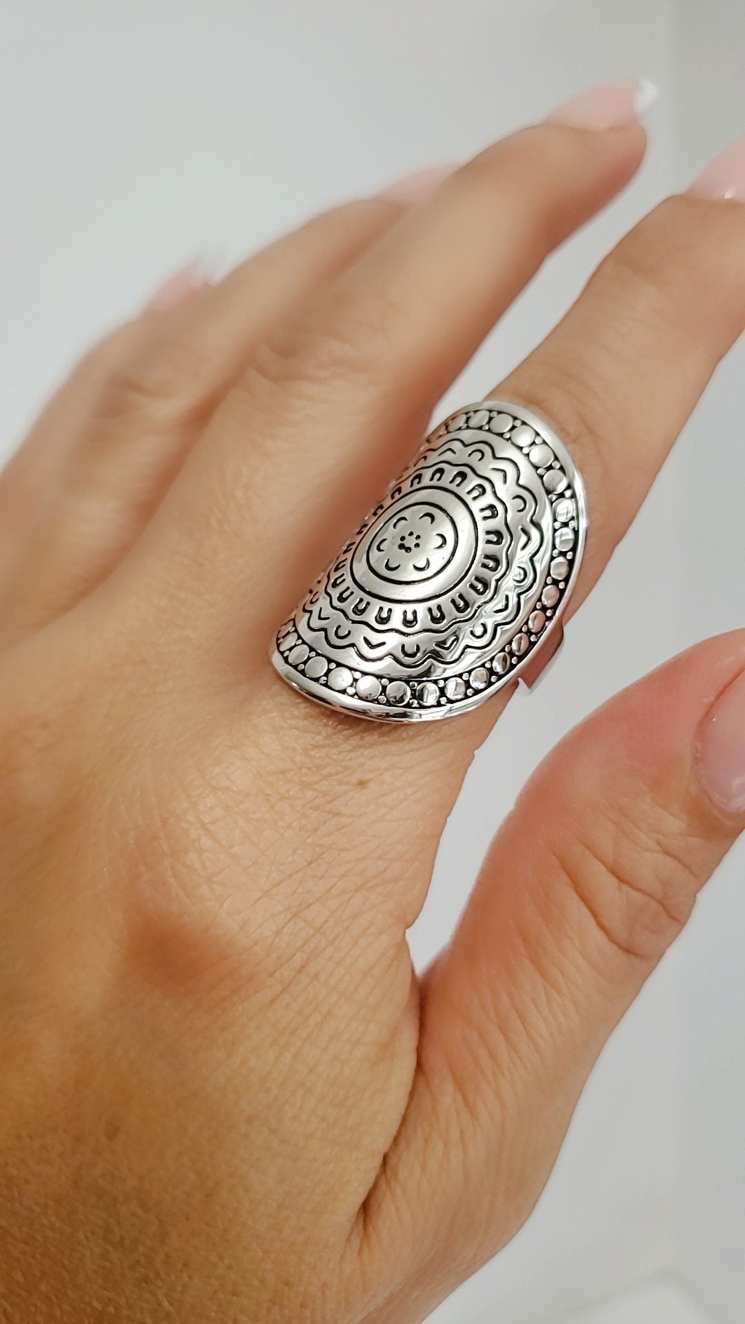 Large Sterling Silver Shield Mandala Ring