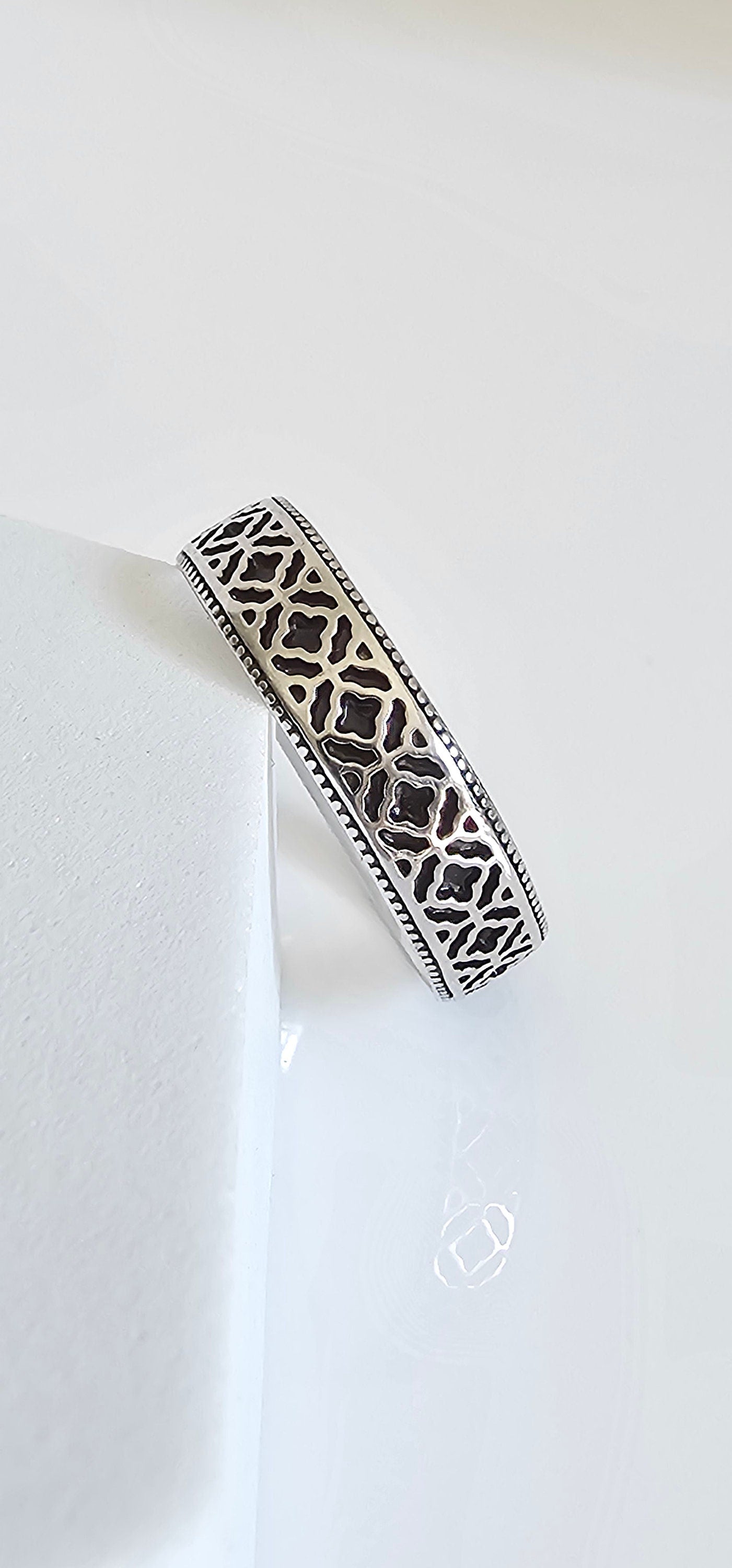 Sterling Silver Oxidize Ring, 6mm Ring, Moroccan Pattern Design Band, Thumb Ring, Unisex Ring, Wedding Band