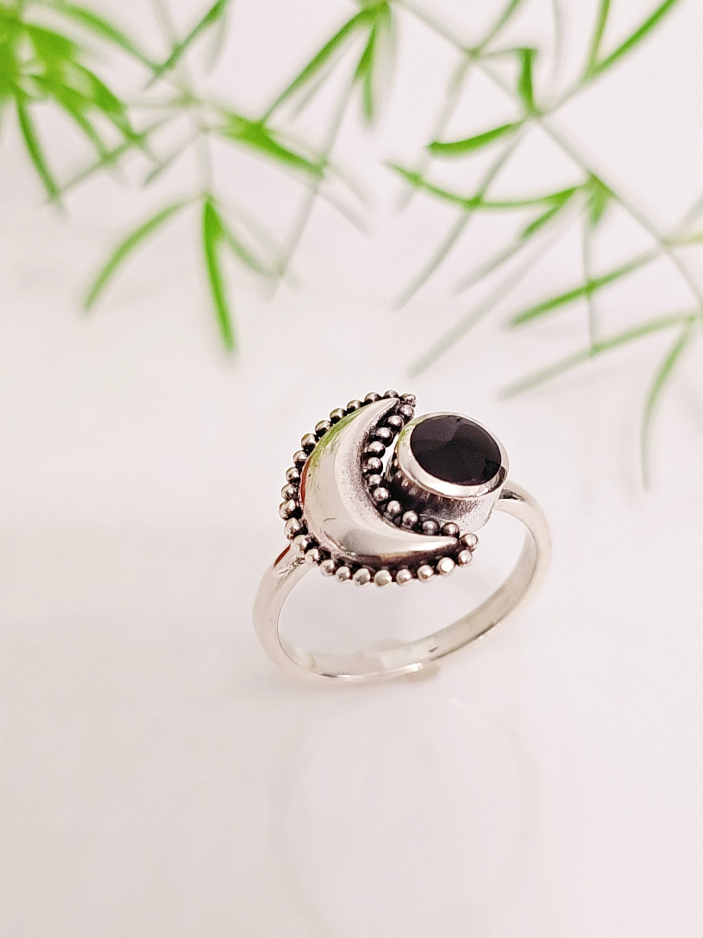 Sterling Silver Crescent Onyx Moon Beaded Moon