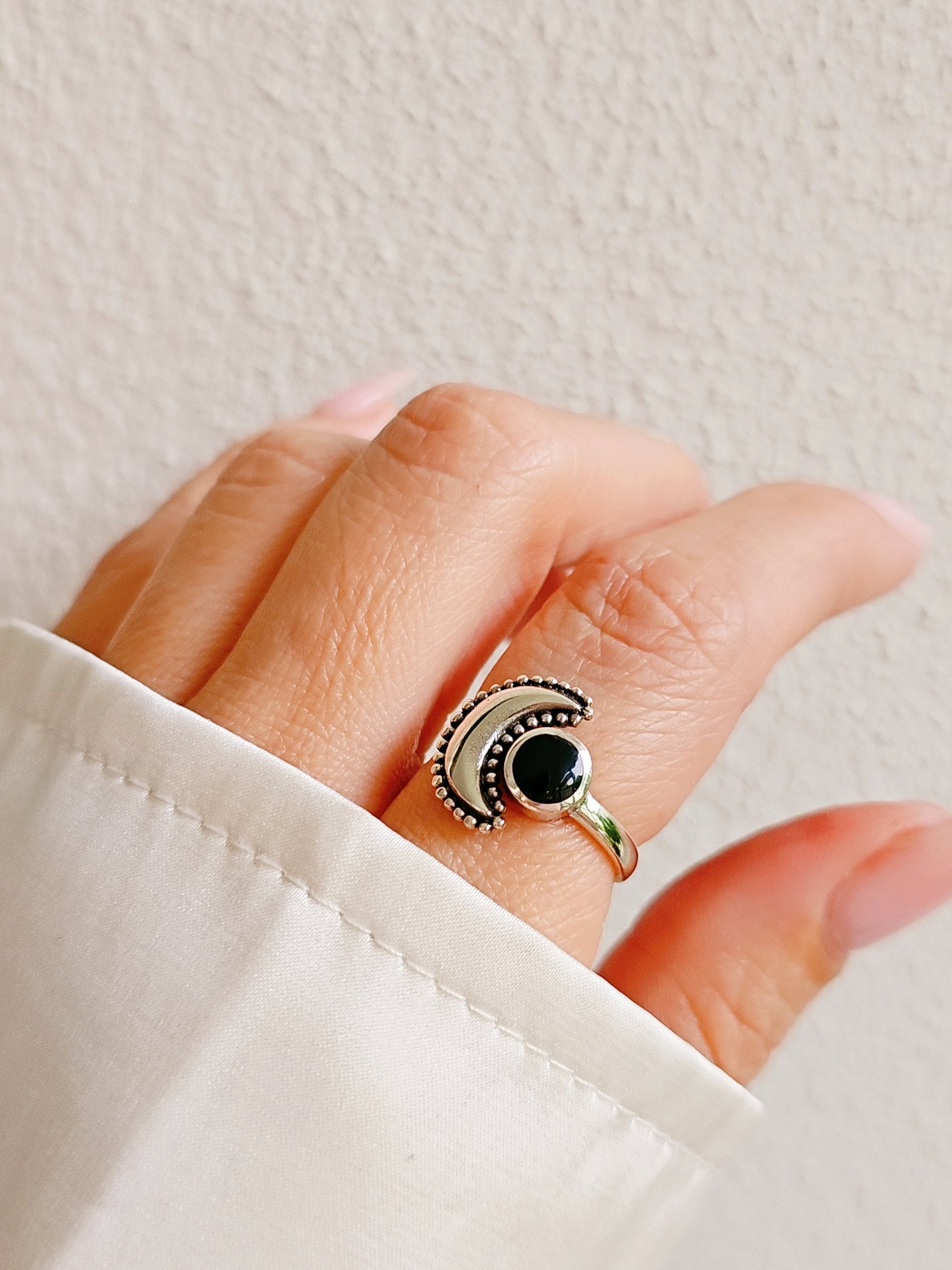 Sterling Silver Crescent Onyx Moon Beaded Moon