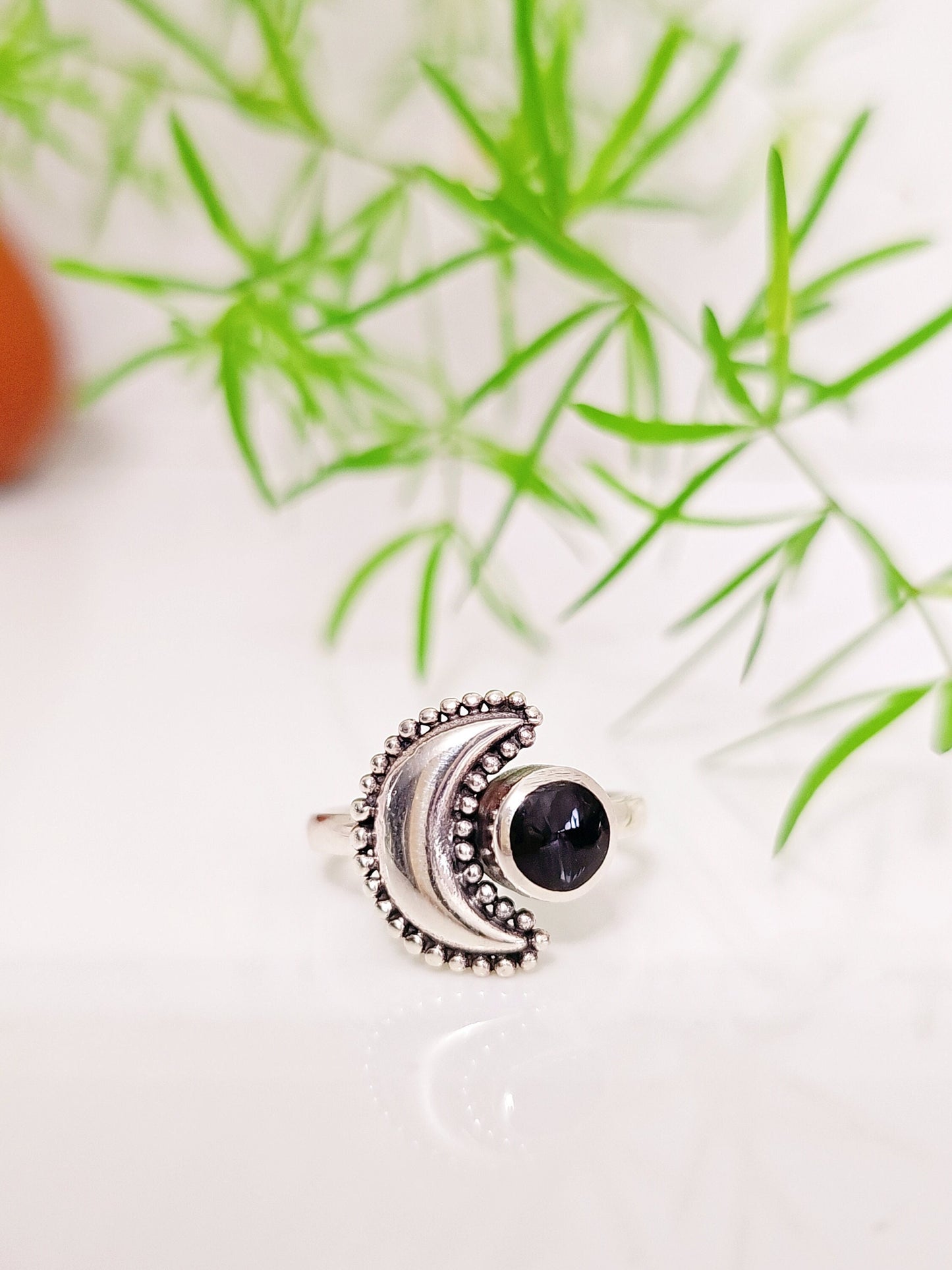 Sterling Silver Crescent Onyx Moon Beaded Moon