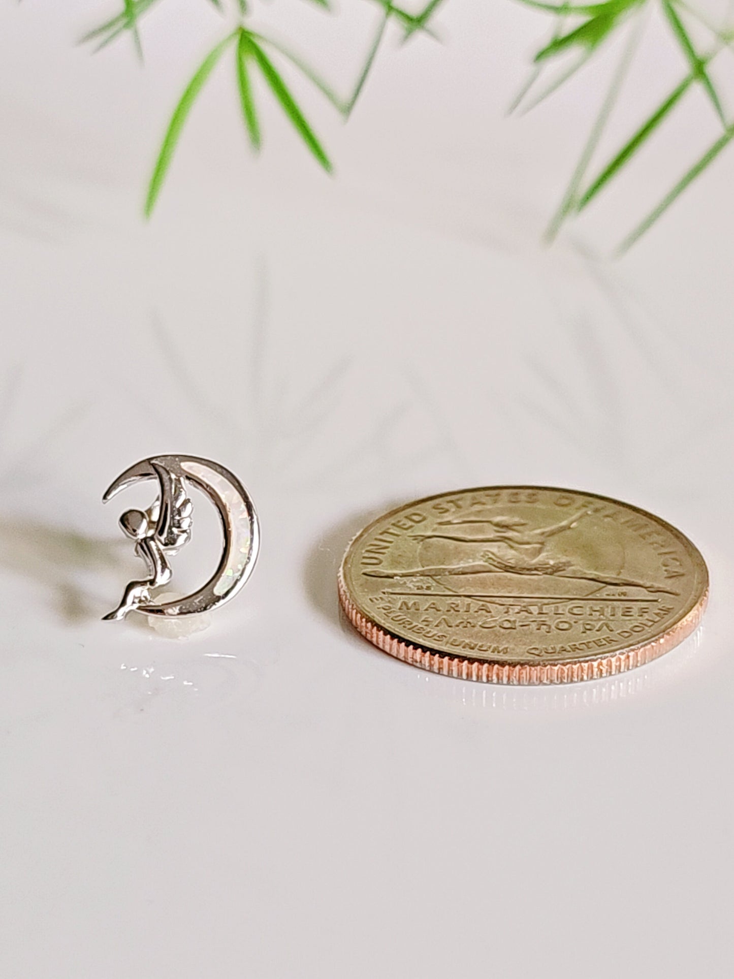 White Opal Sterling Silver Angel Sitting on the Moon Studs, Rainbow White Opal earrings, Dainty Stud Earrings, 925 Stamped