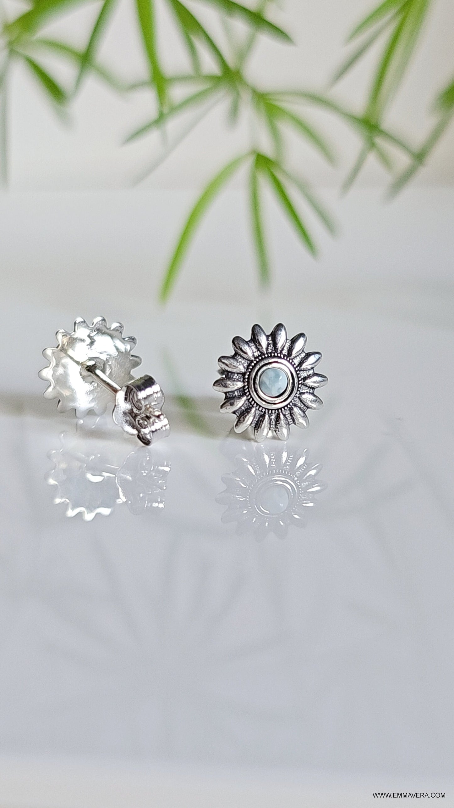 Sterling Silver Natural Larimar Flower Studs, Larimar Earrings, Dainty Larimar Earrings, Small Dainty Studs for Women