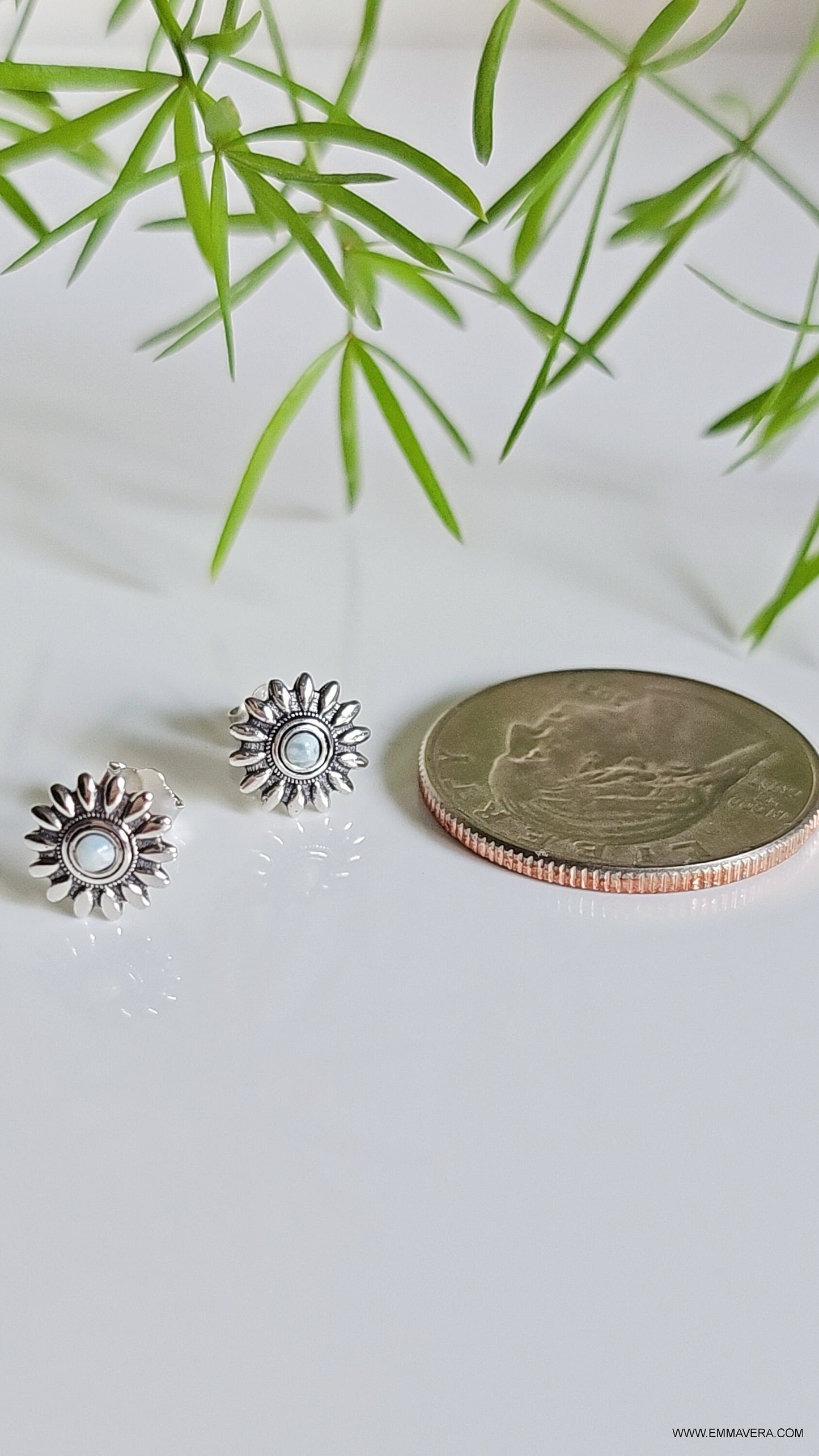 Sterling Silver Natural Larimar Flower Studs, Larimar Earrings, Dainty Larimar Earrings, Small Dainty Studs for Women