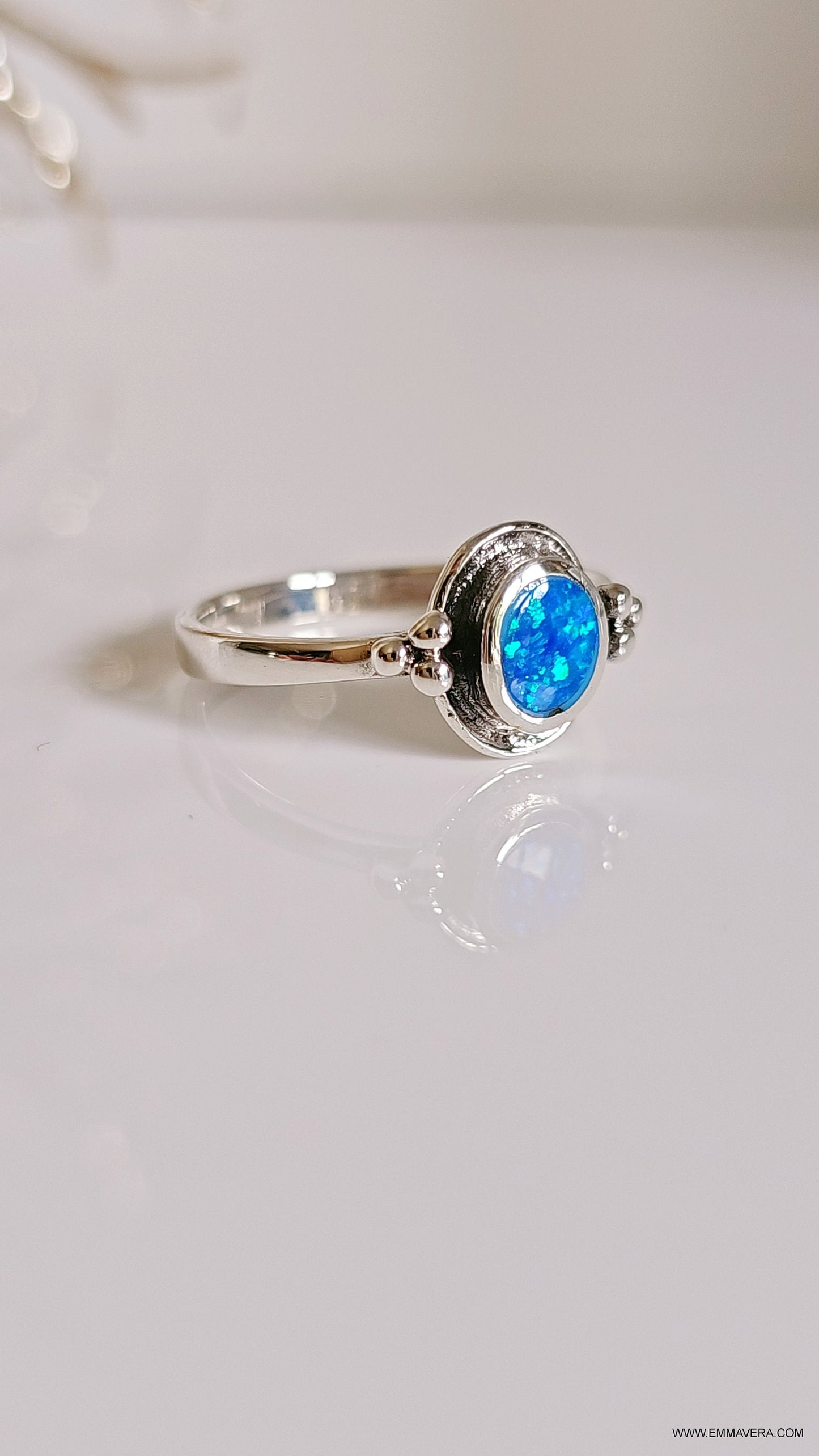 Blue Opal Beaded Lab Opal Ring