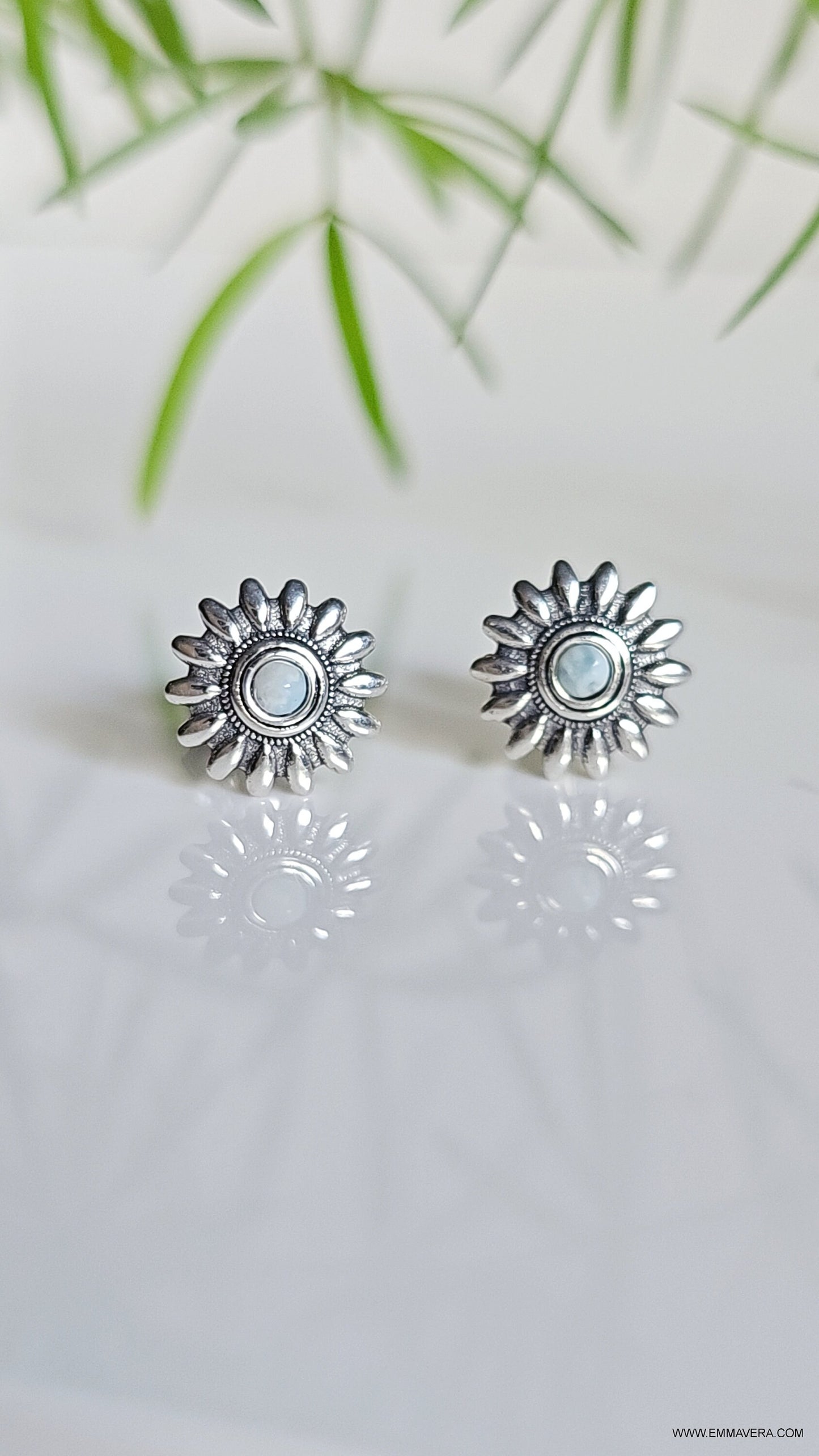 Sterling Silver Natural Larimar Flower Studs, Larimar Earrings, Dainty Larimar Earrings, Small Dainty Studs for Women