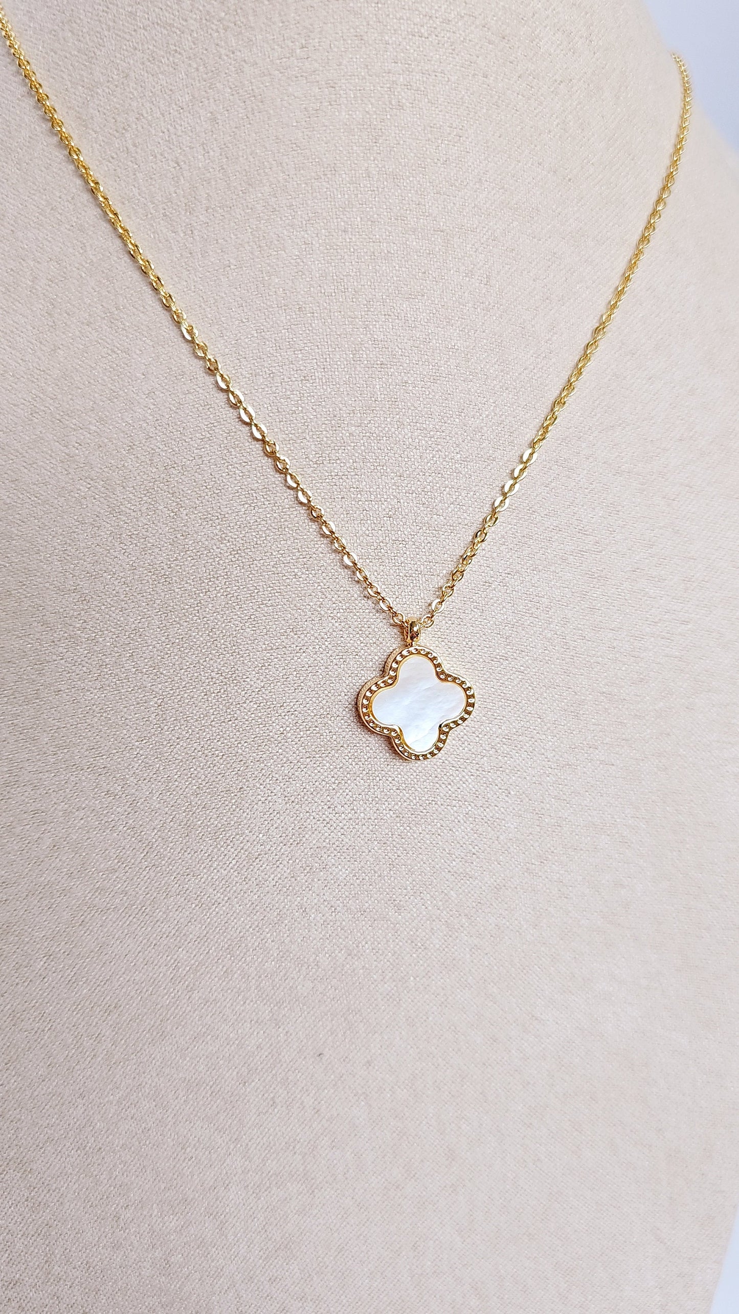 Mother of Pearl and Black Clover Gold Necklace Reversable Pendant
