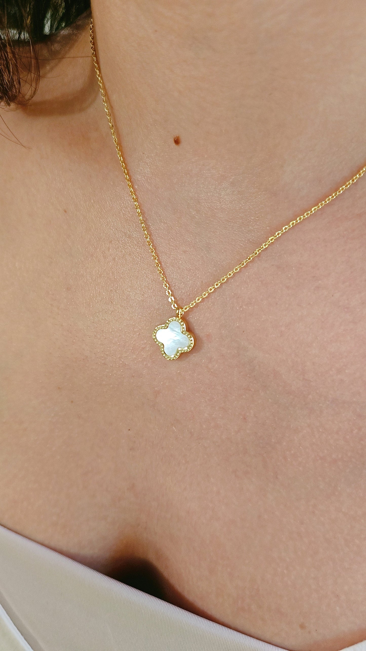 Mother of Pearl and Black Clover Gold Necklace Reversable Pendant
