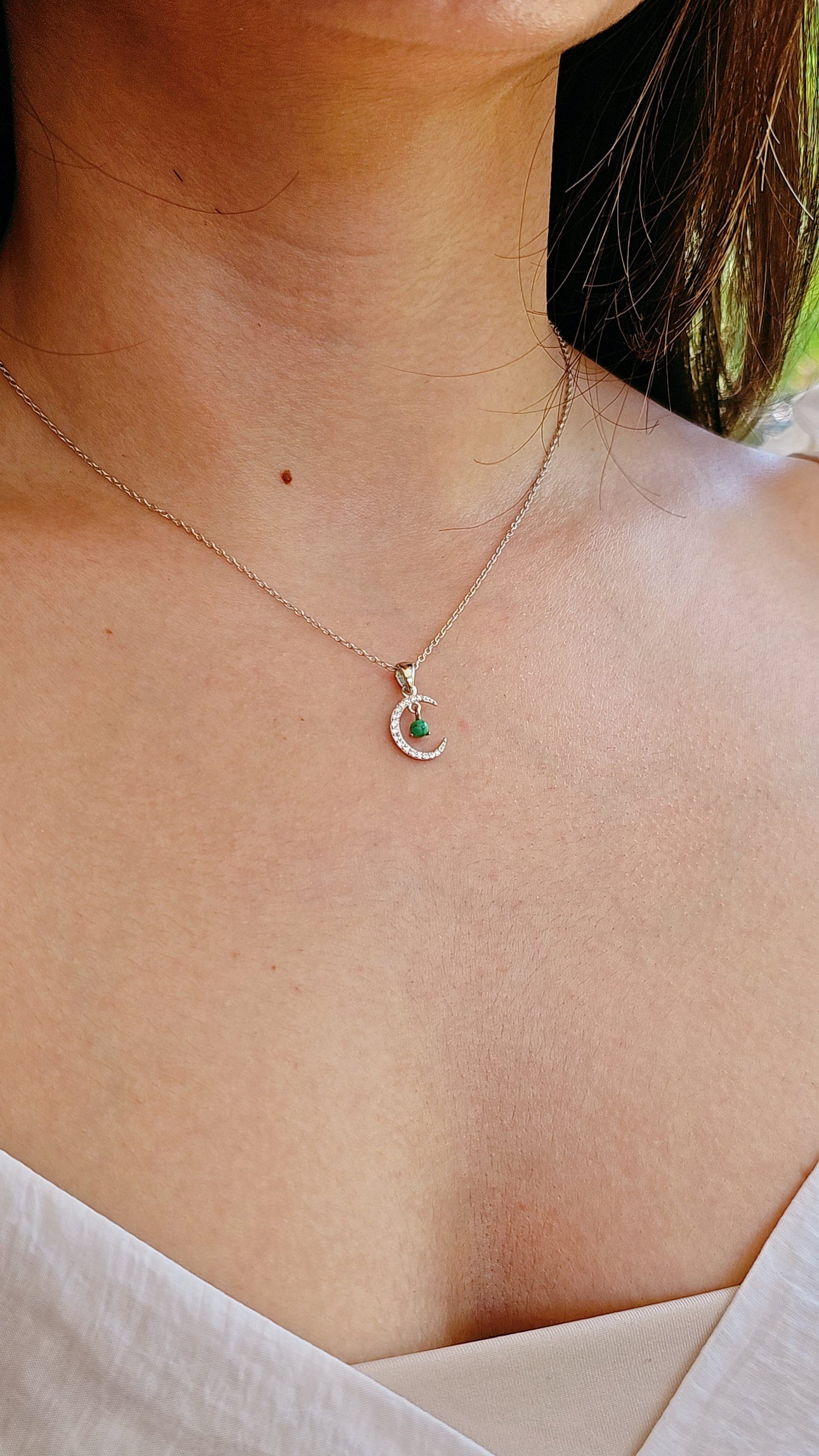 Sterling Silver Dainty Moon Necklace with Turquoise Accent