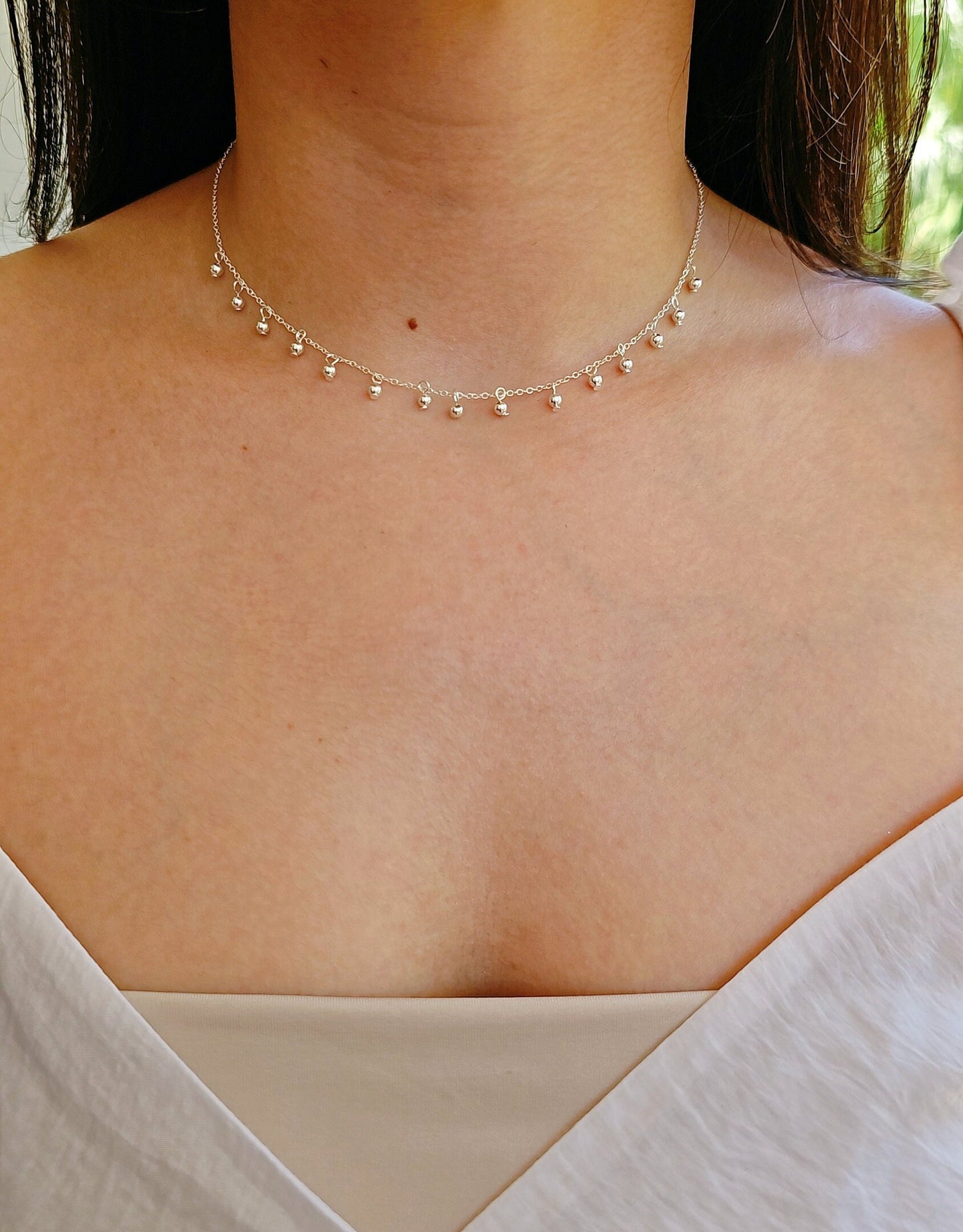 Sterling Silver Choker, Dangling Beads Necklace, Minimalist Layering Chain, Choker Chain, Beaded Chain, Layer Necklace, 925 Silver Choker