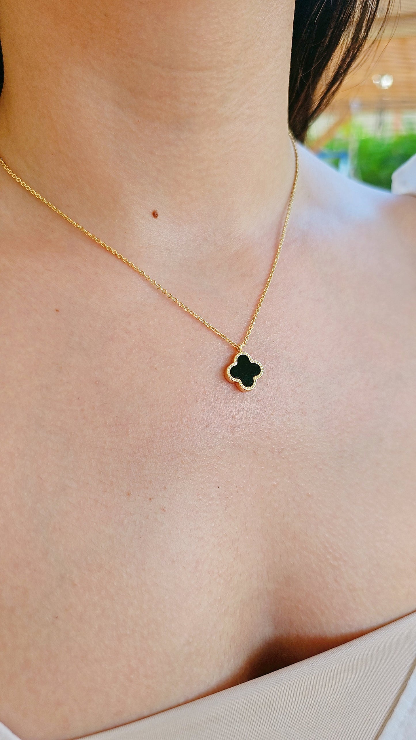 Mother of Pearl and Black Clover Gold Necklace Reversable Pendant