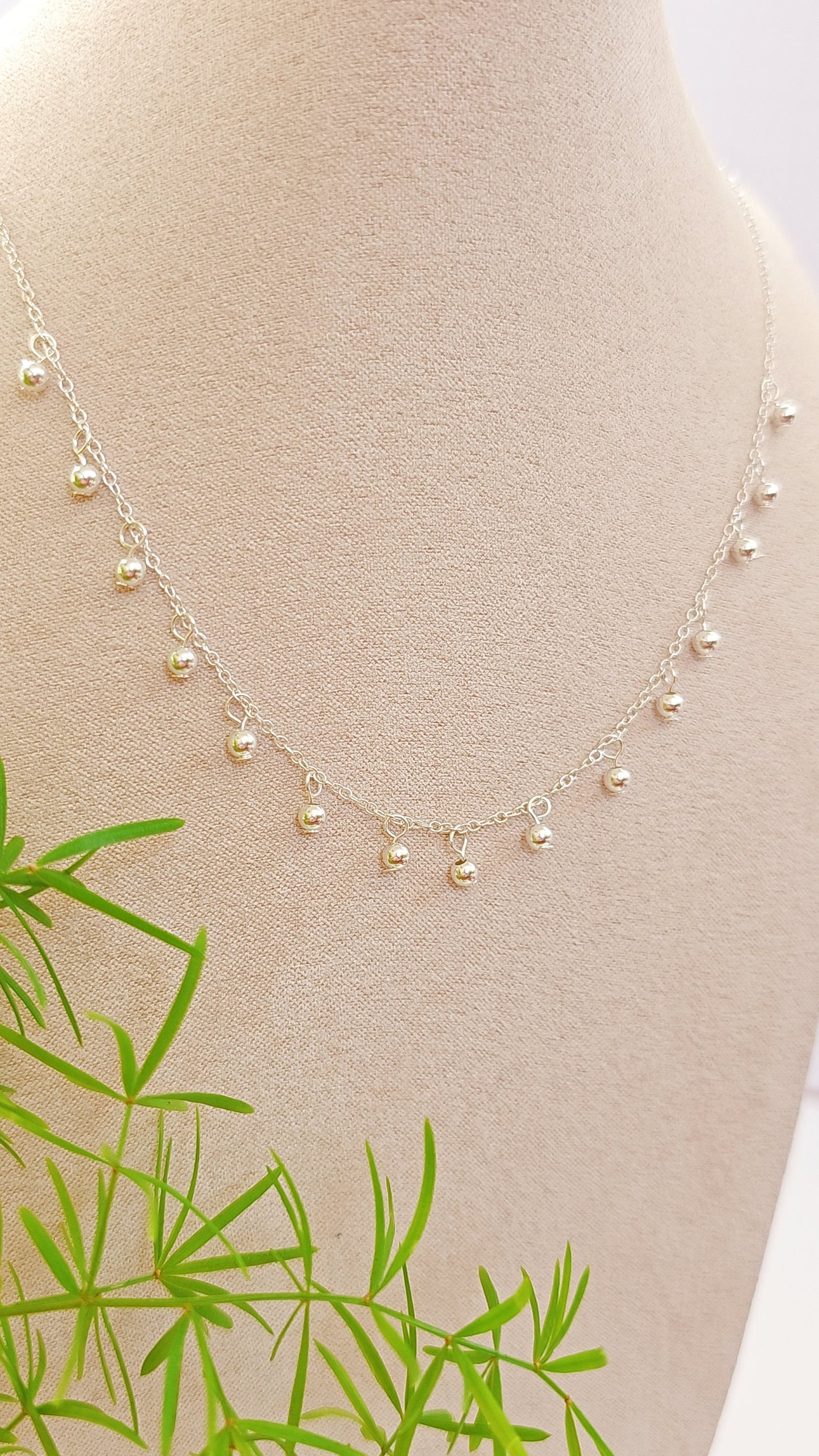 Sterling Silver Choker, Dangling Beads Necklace, Minimalist Layering Chain, Choker Chain, Beaded Chain, Layer Necklace, 925 Silver Choker