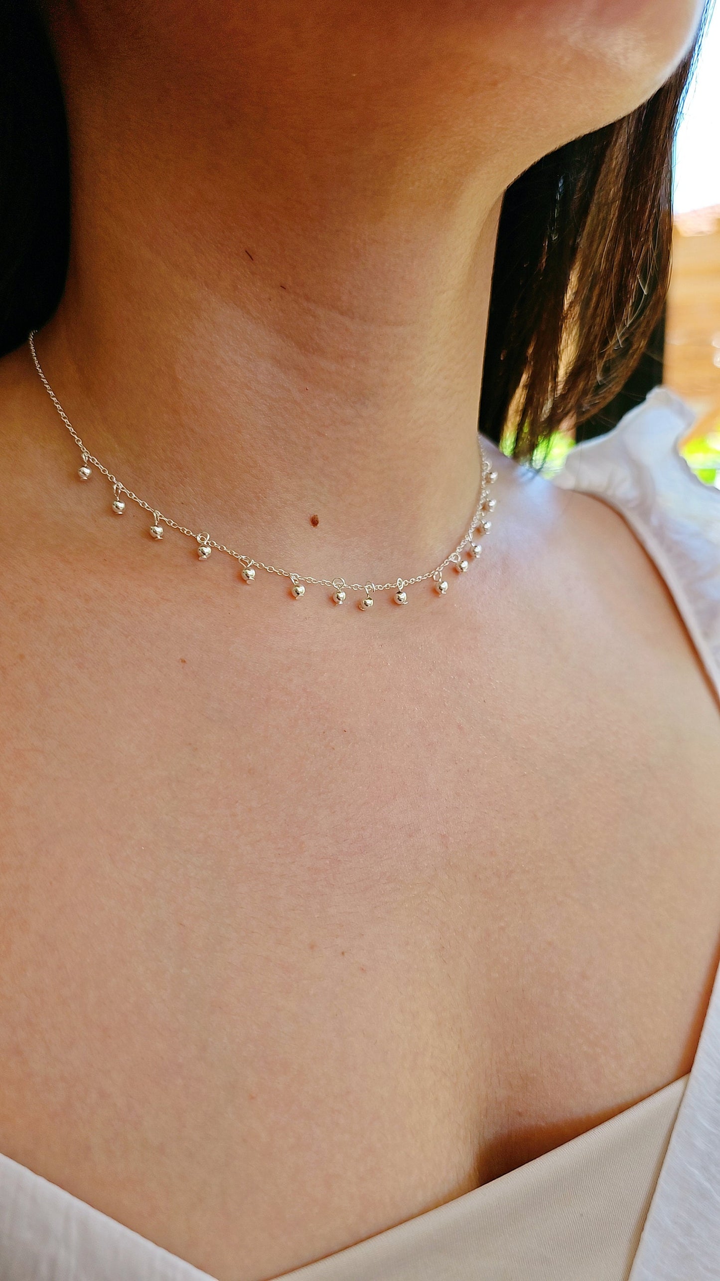 Sterling Silver Choker, Dangling Beads Necklace, Minimalist Layering Chain, Choker Chain, Beaded Chain, Layer Necklace, 925 Silver Choker